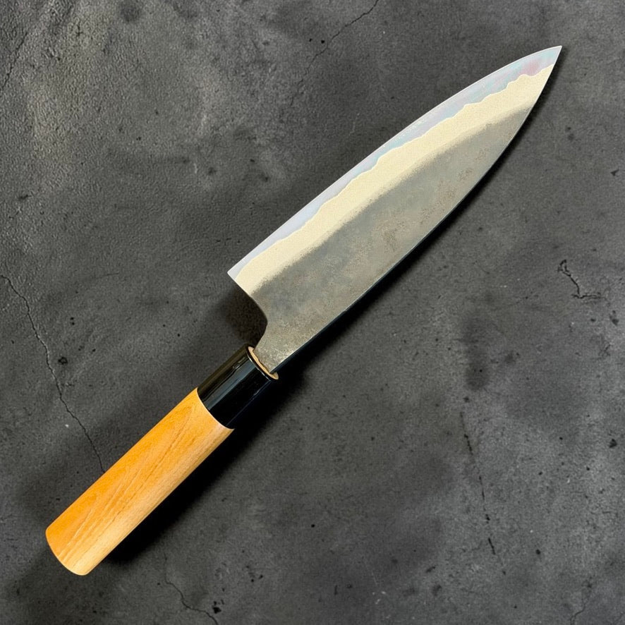 Reverse side of Kyohei Shindo Blue #2 Funayuki 165mm with Keyaki handle
