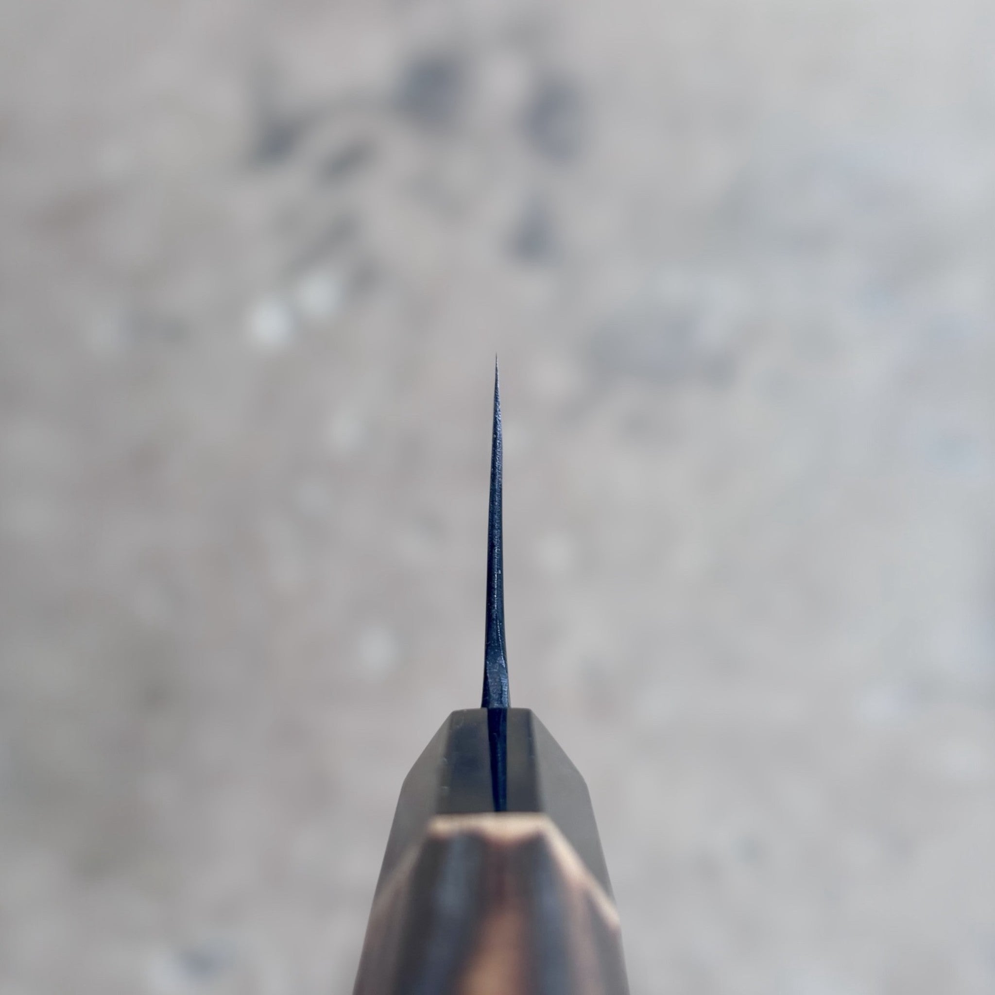 Kyohei Shindo Blue #2 Kurouchi Kiritsuke 210 mm with burnt wood handle and buffalo horn ferrule, front side blade profile and finish.