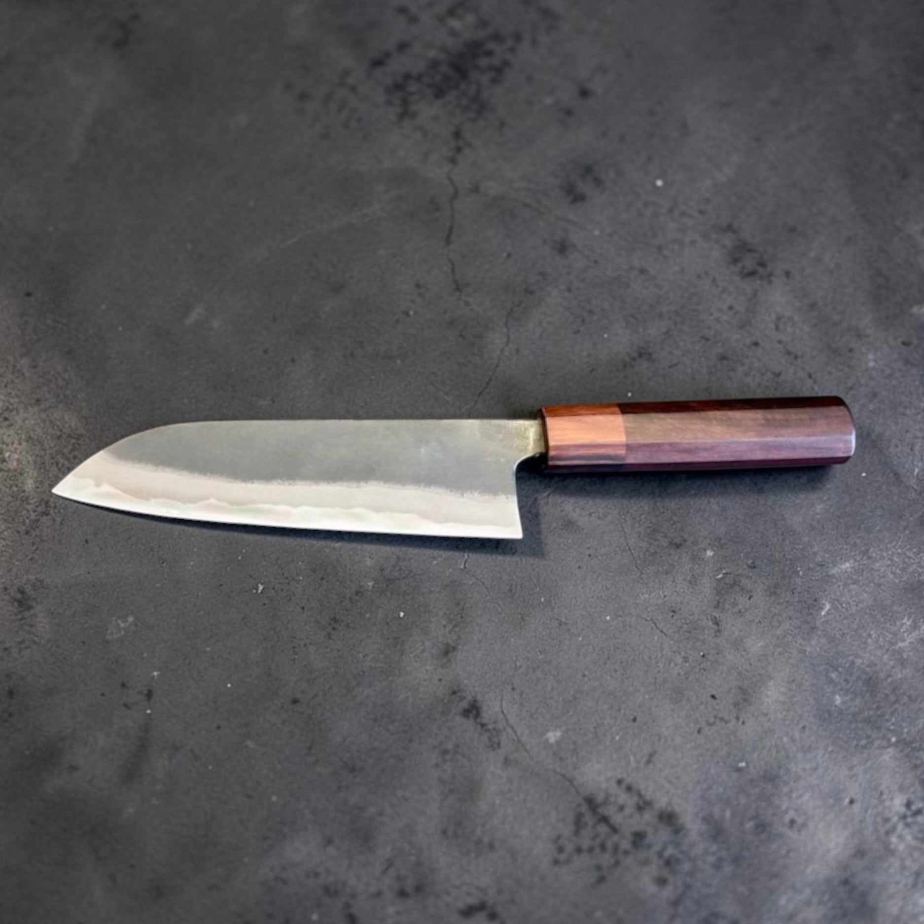 Kyohei Shindo Blue #2 Santoku 165mm with rosewood handle and ebony ferrule, full profile