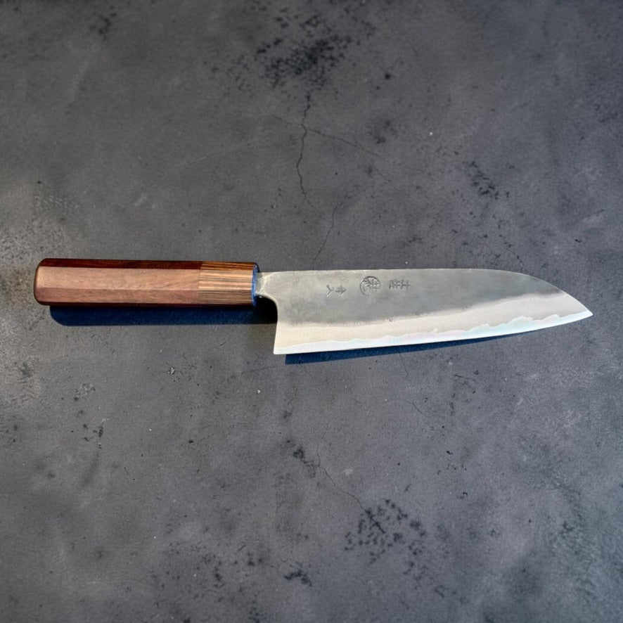 Kyohei Shindo Blue #2 Santoku 165mm with rosewood and ebony handle, reverse side