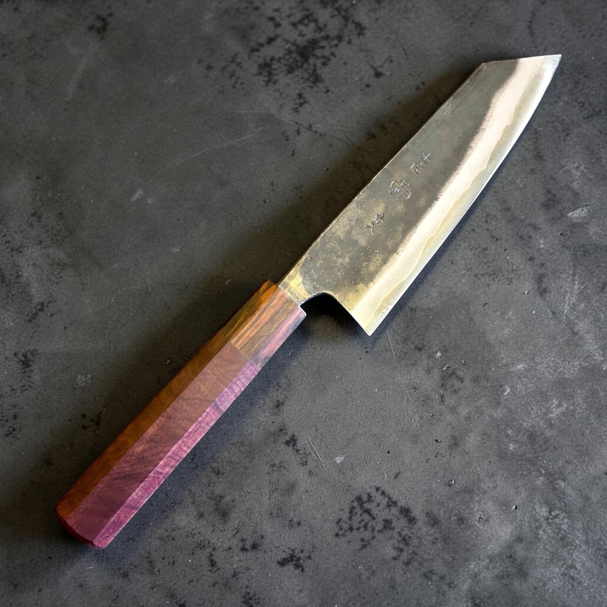 Kyohei Shindo Blue #2 Bunka 170 mm, rosewood and ebony wa handle, angled hero shot.