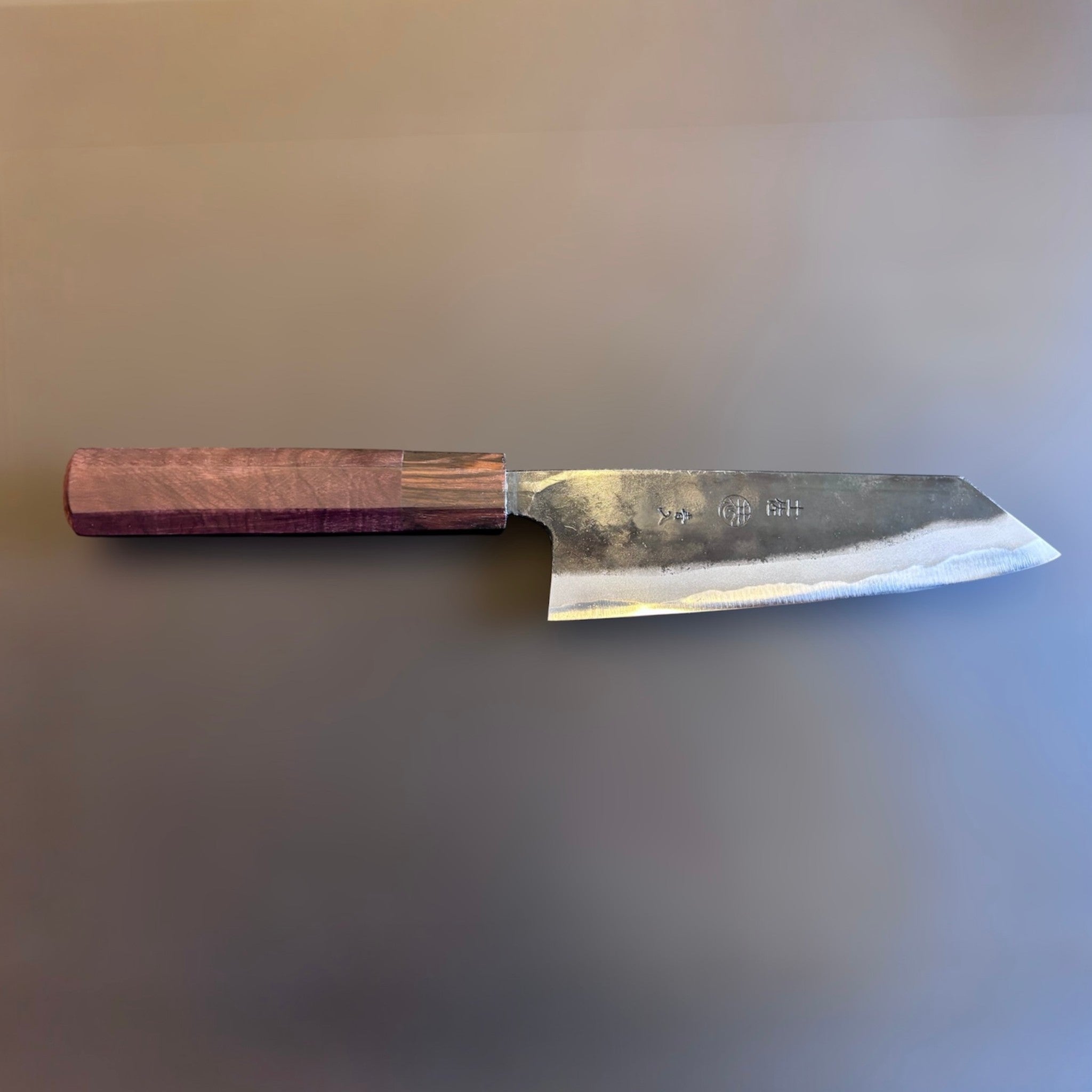 Kyohei Shindo Blue #2 Bunka 170 mm, rosewood and ebony wa handle profile shot.