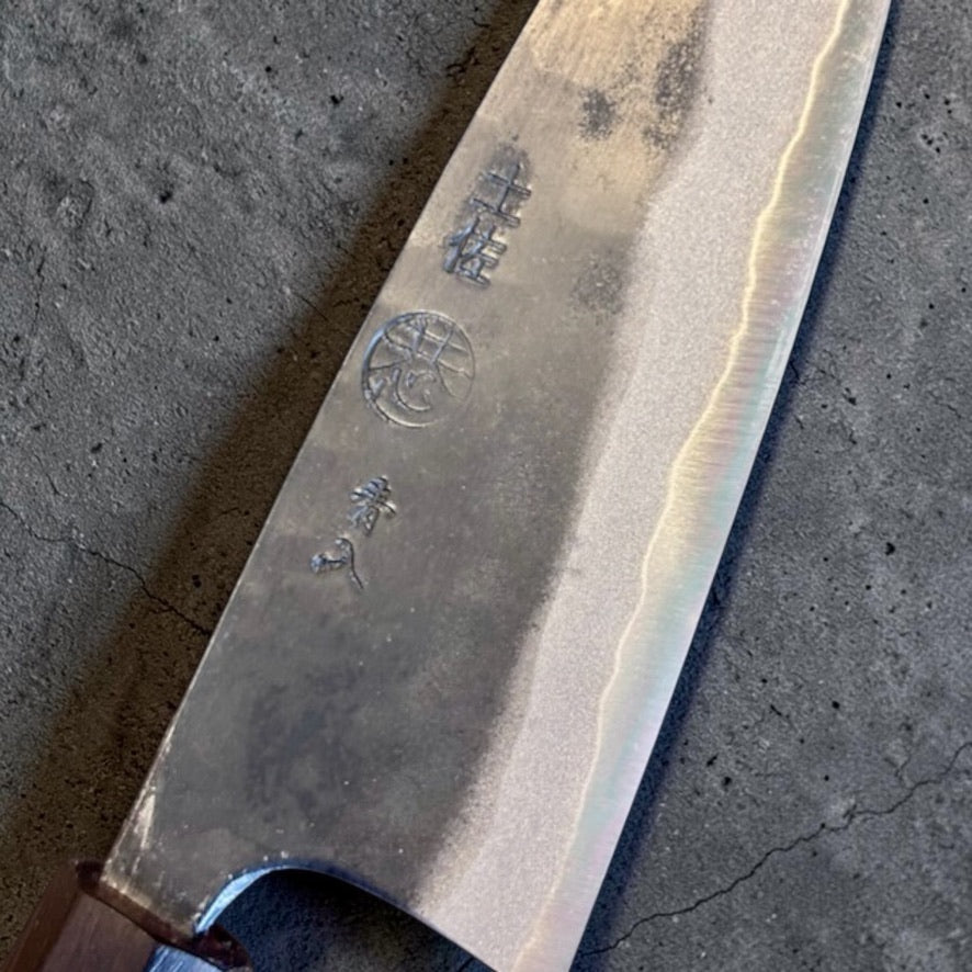 Close-up of Kyohei Shindo kanji and Blue #2 cutting edge on Ko Funayuki knife