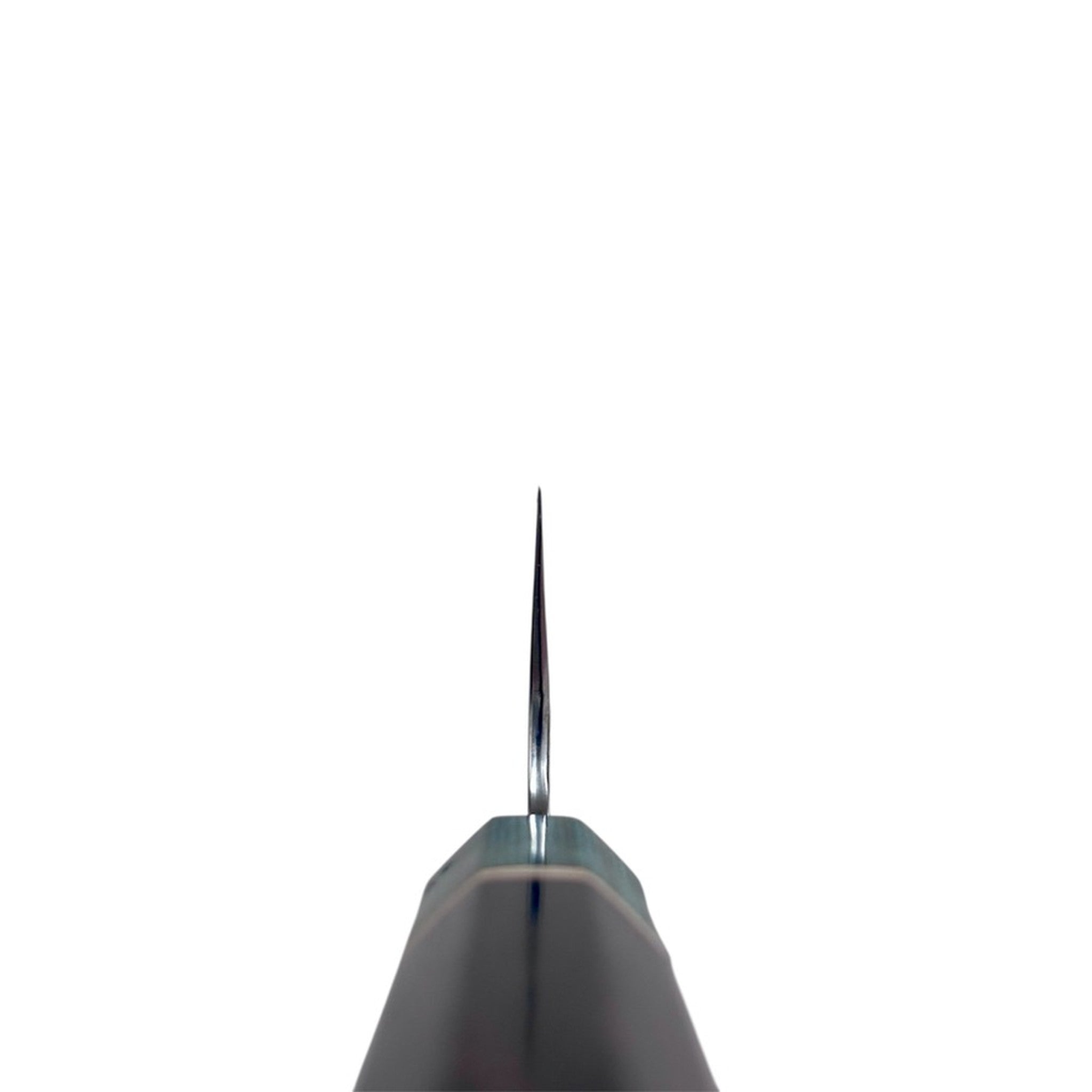 Makoto Kurosaki Samidorizuki SG-STRIX Gyuto 210 mm, choil view showing the thin grind and blade geometry behind the edge.