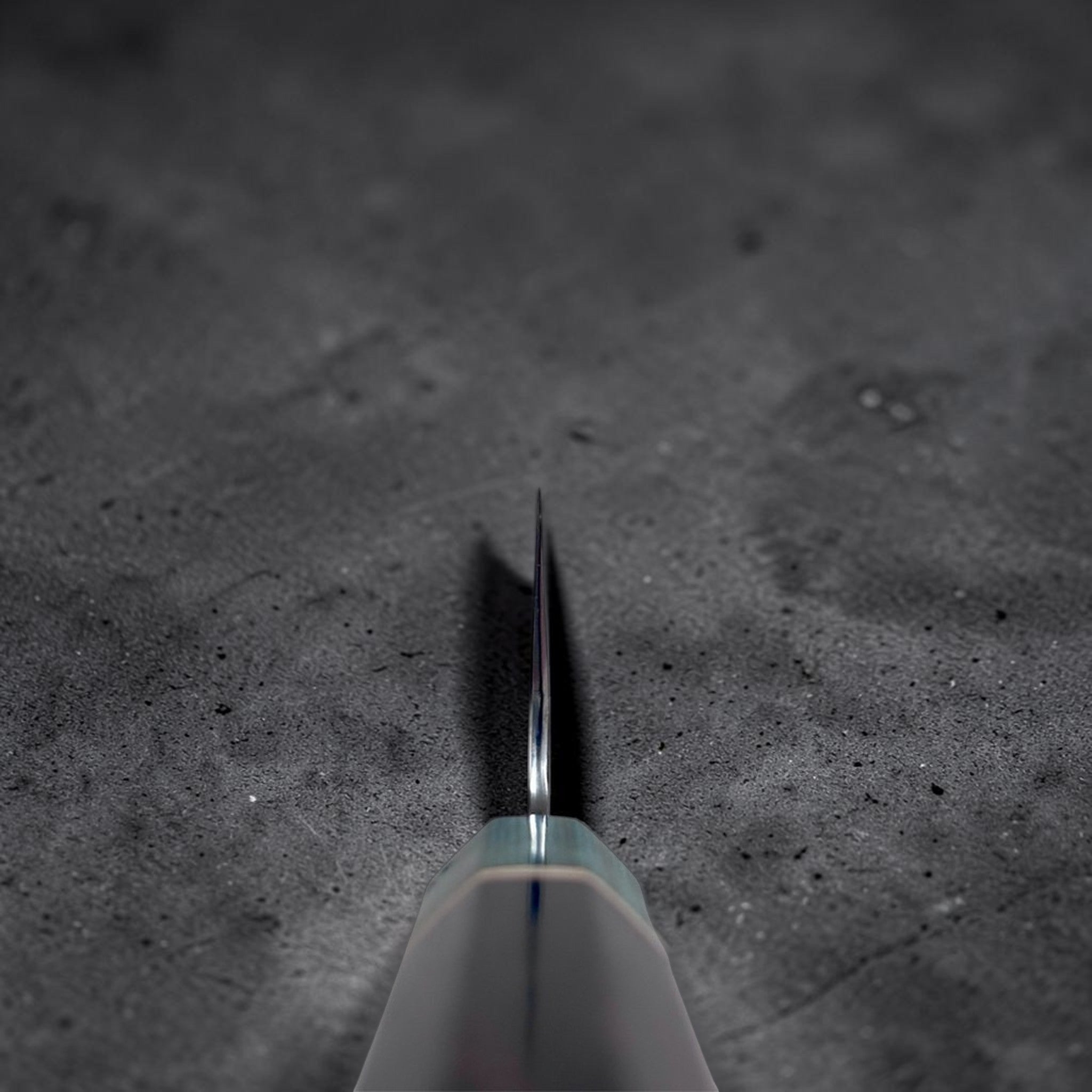 Makoto Kurosaki Samidorizuki SG-STRIX Gyuto 210 mm, choil view showing the thin grind and blade geometry behind the edge.