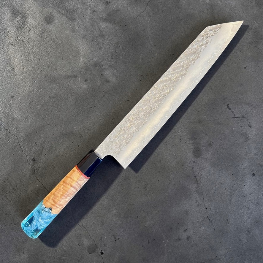 Makoto Kurosaki SG2 Bunka 240mm with Glacier Prisma figured wood and blue resin custom wa handle