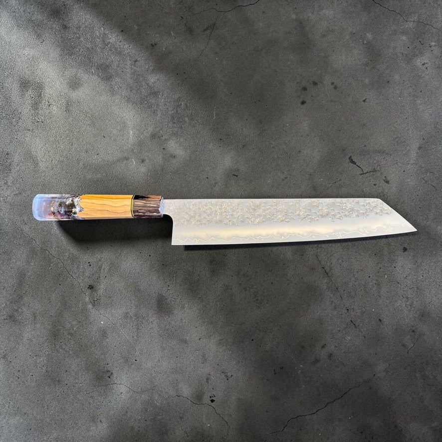 Makoto Kurosaki SG2 Bunka 240mm K-tip detail with long kiritsuke-style point and polished cutting bevel