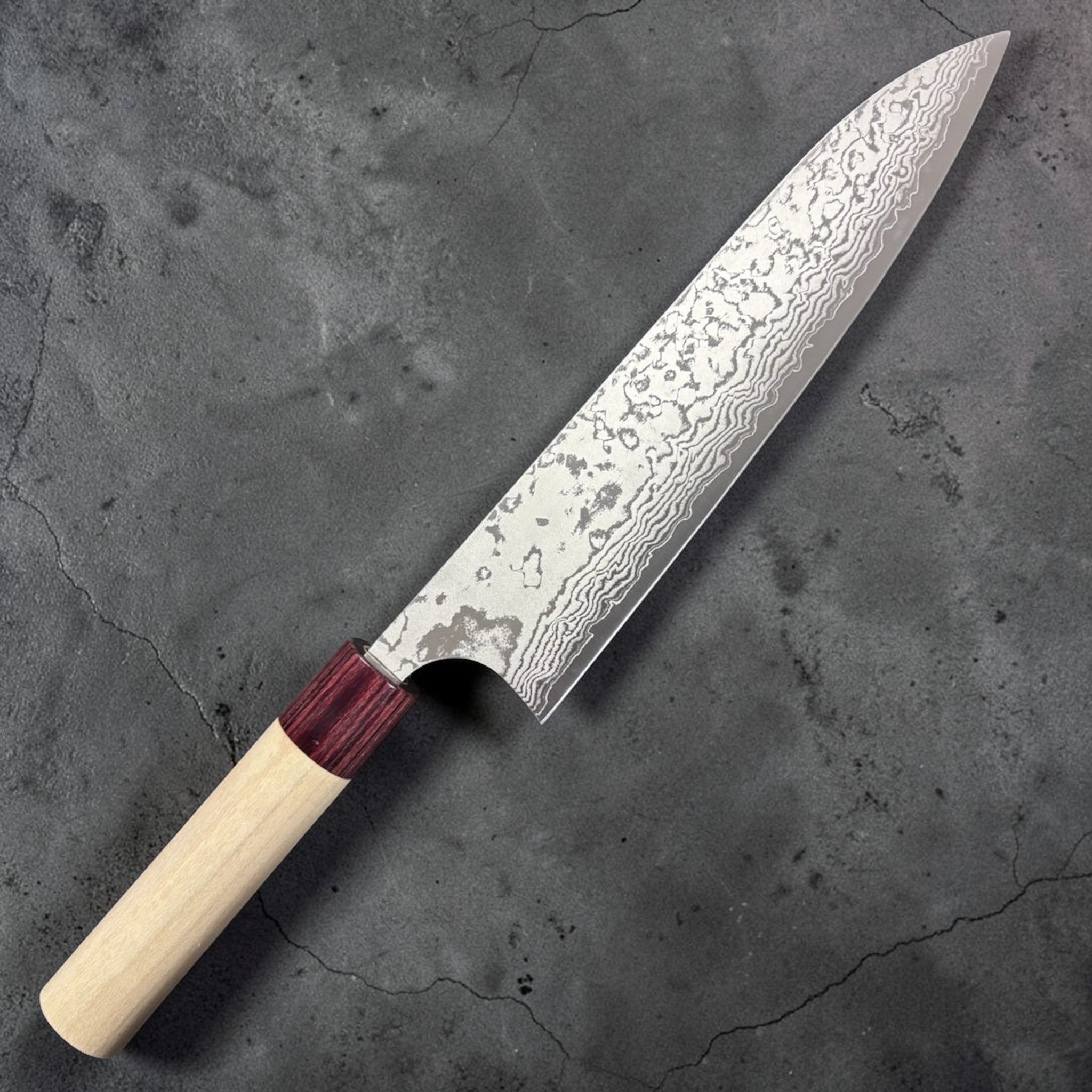 Masakage Kiri Damascus Gyuto 210 mm, angled hero shot showing Damascus pattern along the blade.