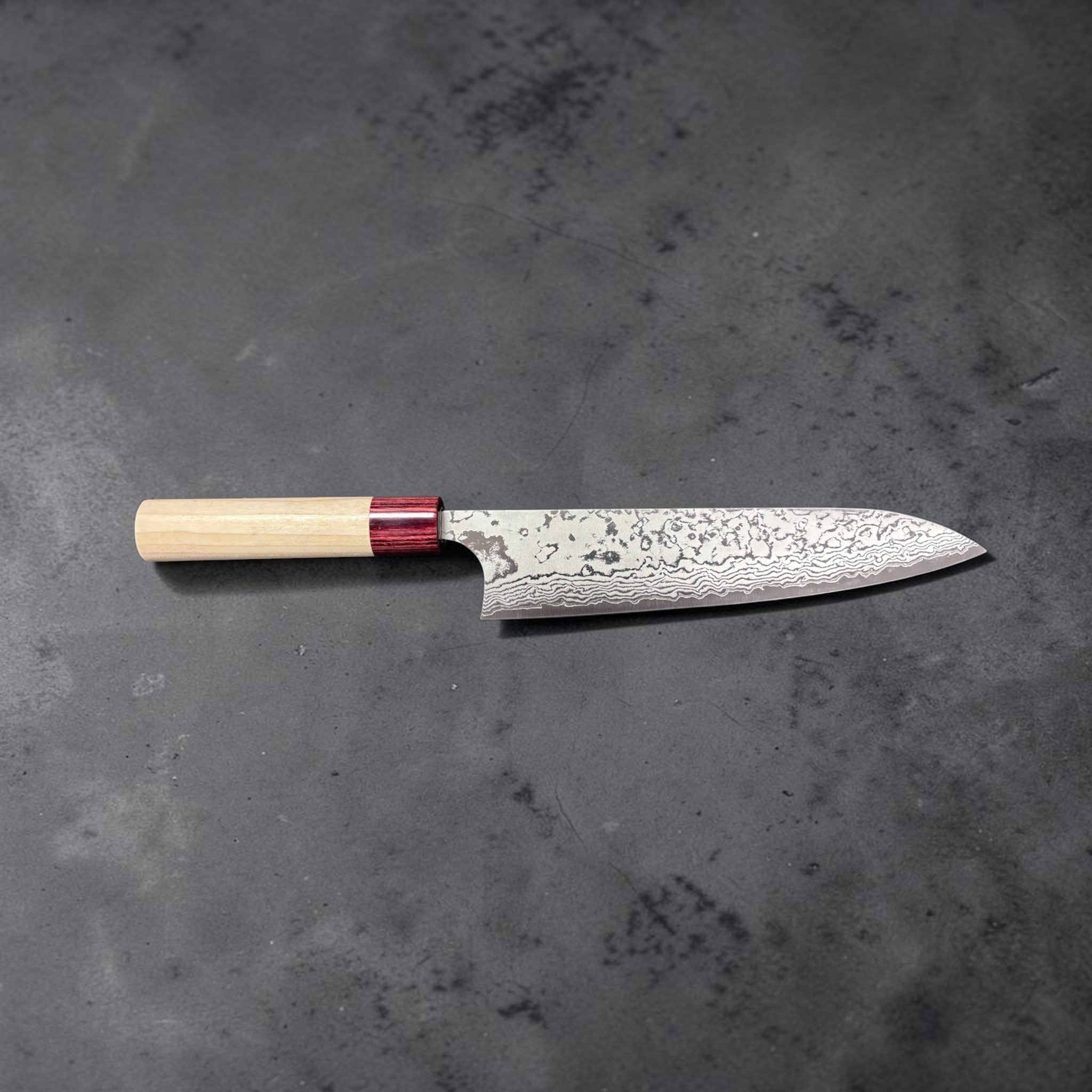 Masakage Kiri Damascus Gyuto 210 mm, full knife profile on neutral grey background.