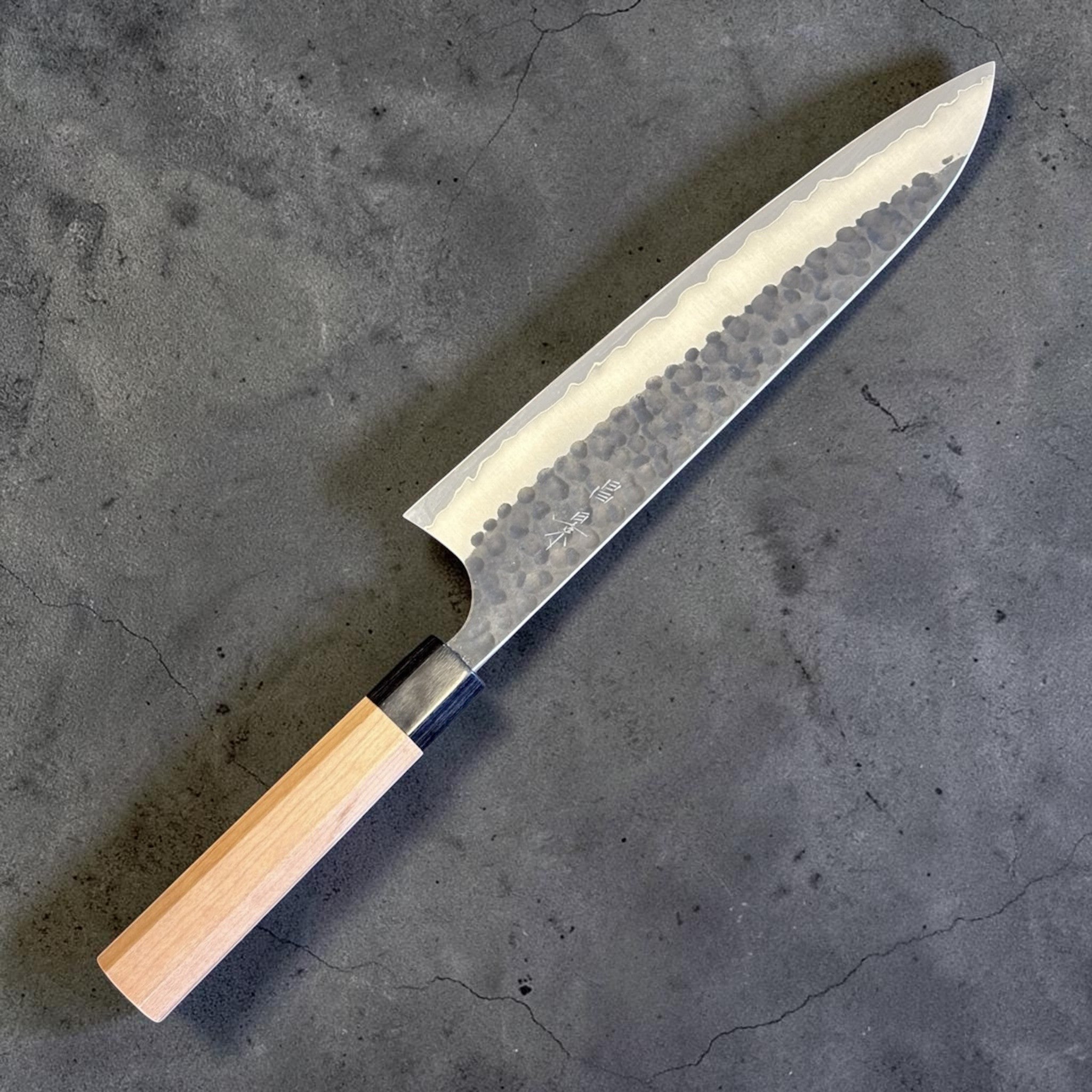 Masakage Koishi Gyuto 240 mm, spine view showing thin grind and handle alignment left side.