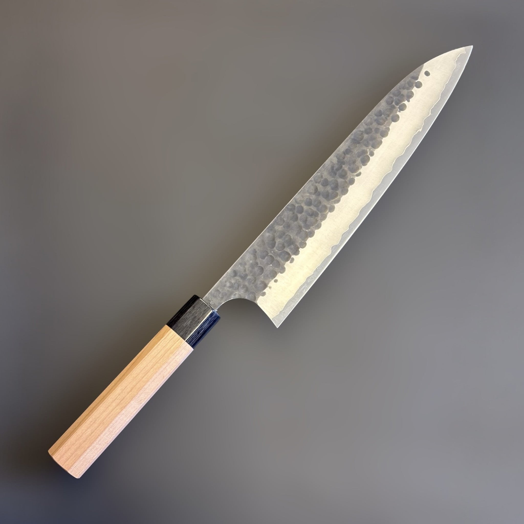 Masakage Koishi Gyuto 240 mm, spine view showing thin grind and handle alignment.