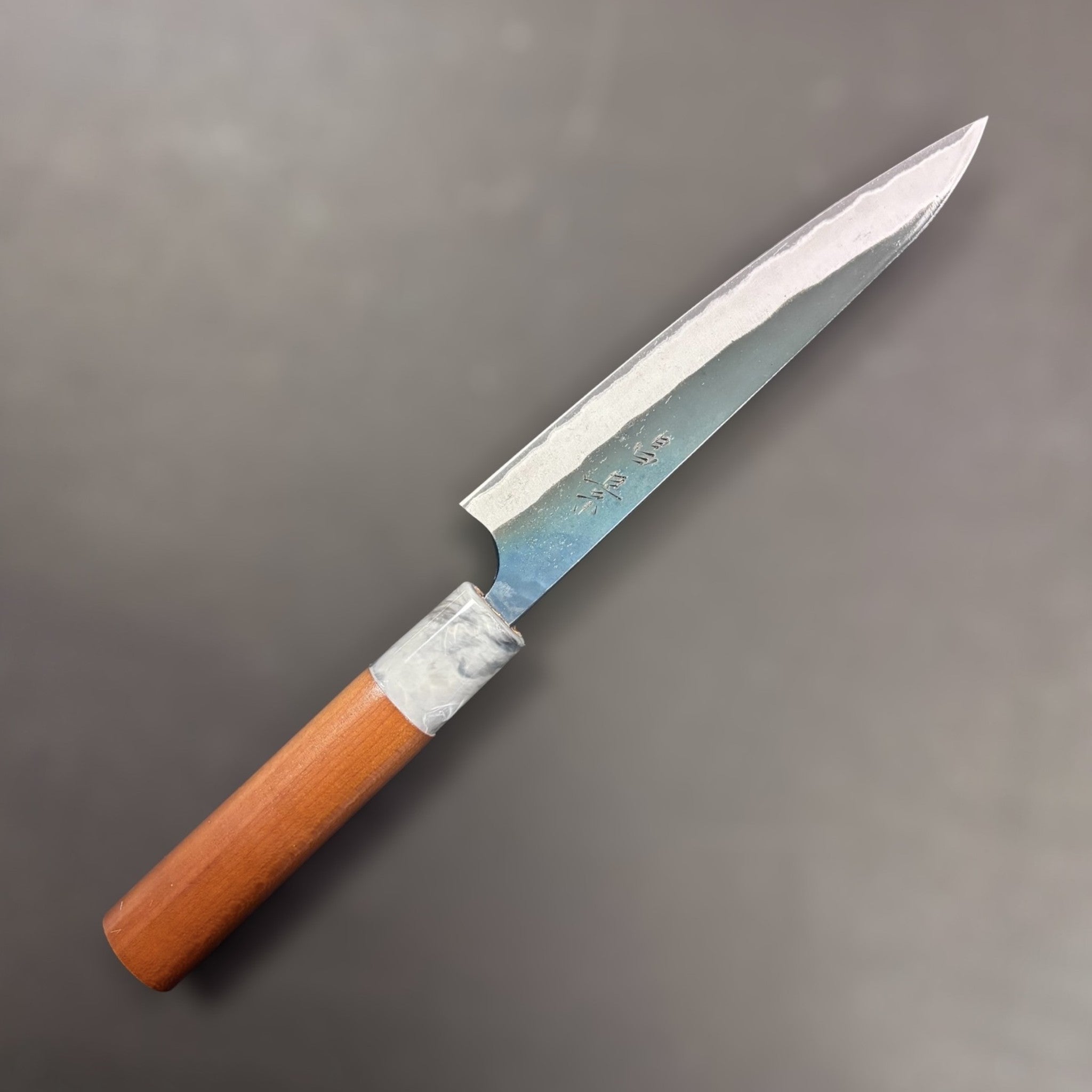 Masakage Mizu Petty 150mm blade angle left side showing kanji.