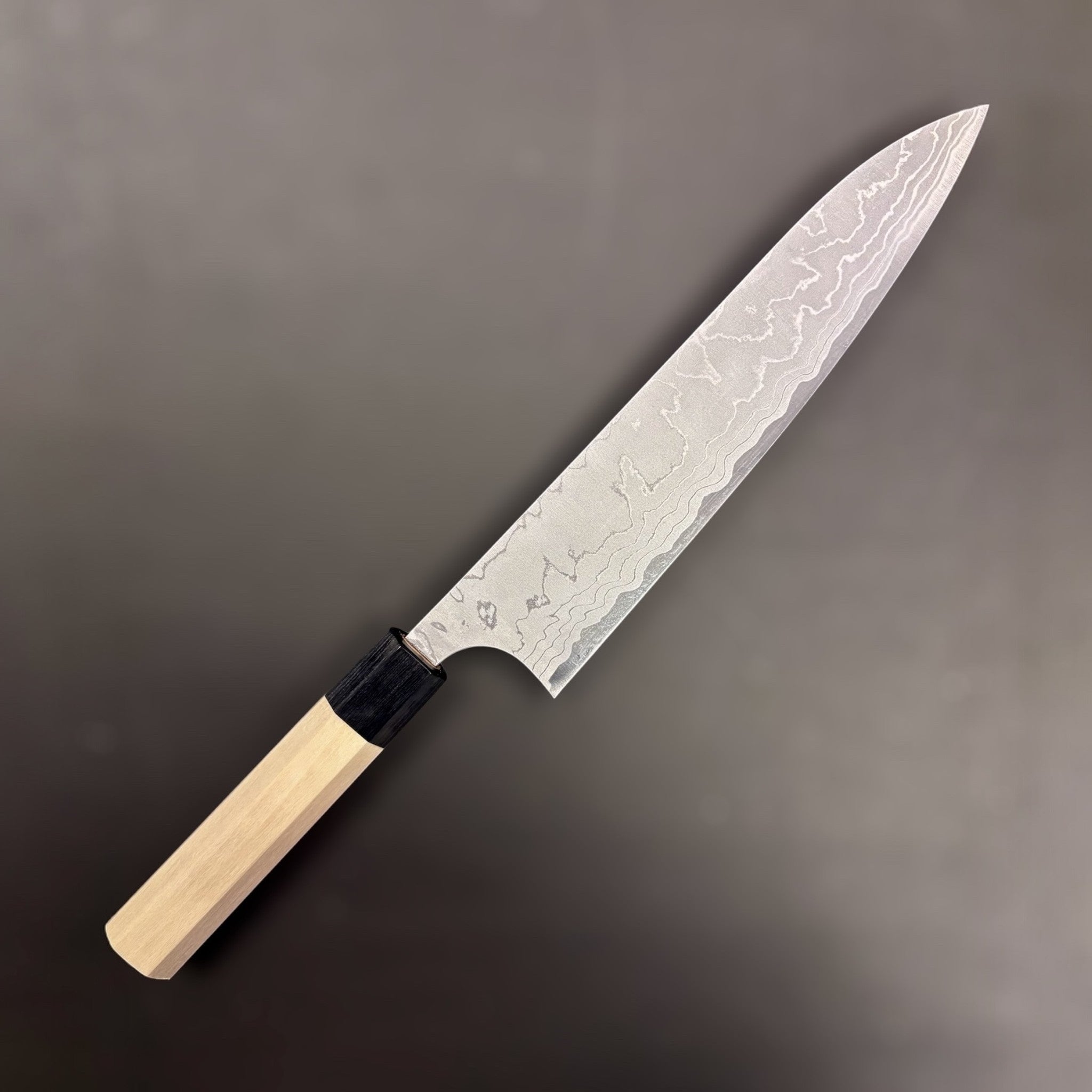 Masakage Shimo White #2 Damascus Gyuto 210 mm, right side profile highlighting blade geometry.