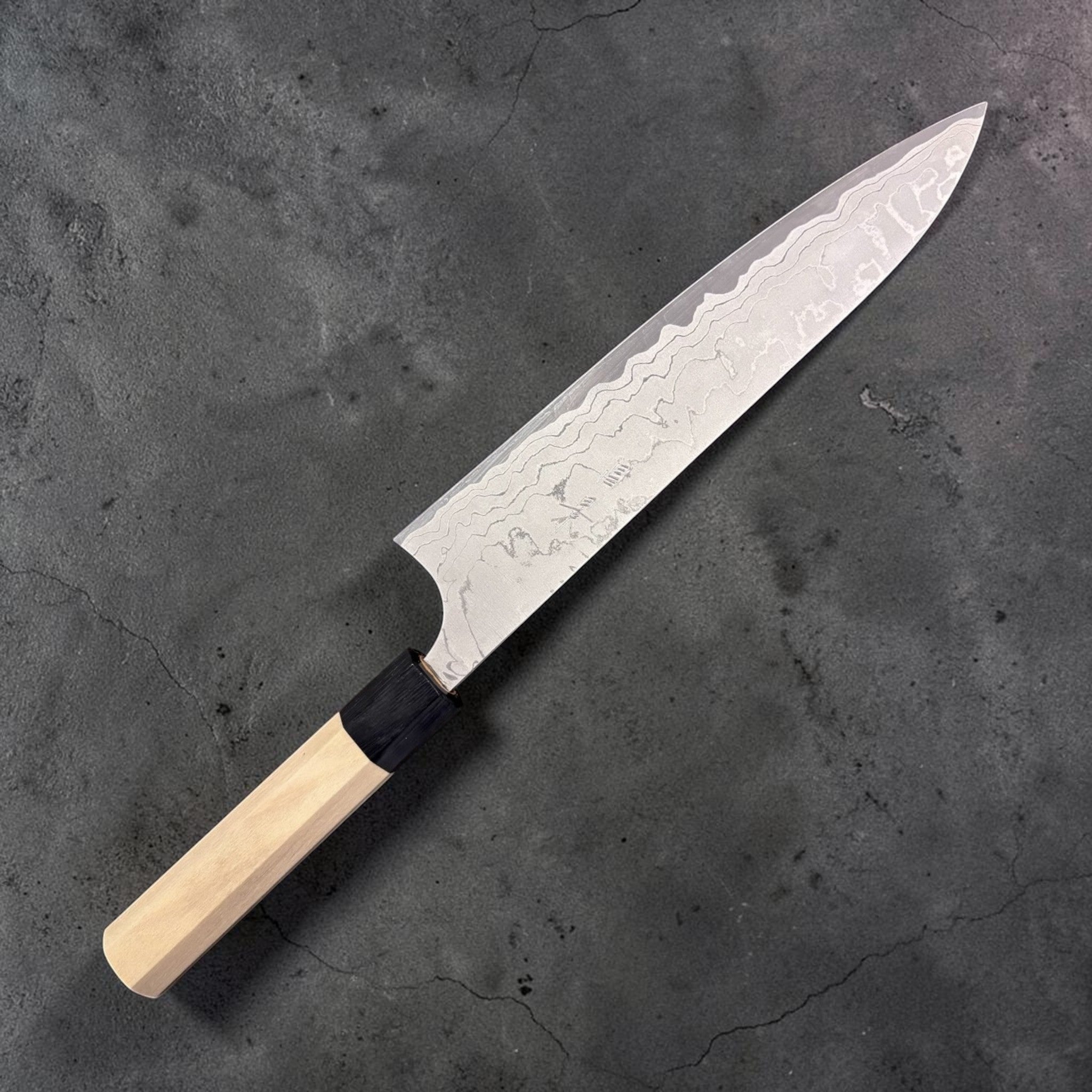 Masakage Shimo White #2 Damascus Gyuto 210 mm, left side profile showing flowing Damascus pattern.