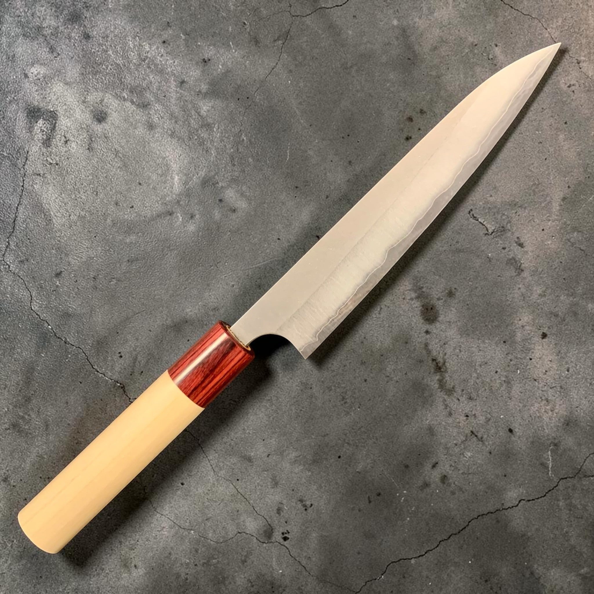 Masakage Yuki Petty 150mm, close-up of the thin blade profile and frosted Nashiji finish.