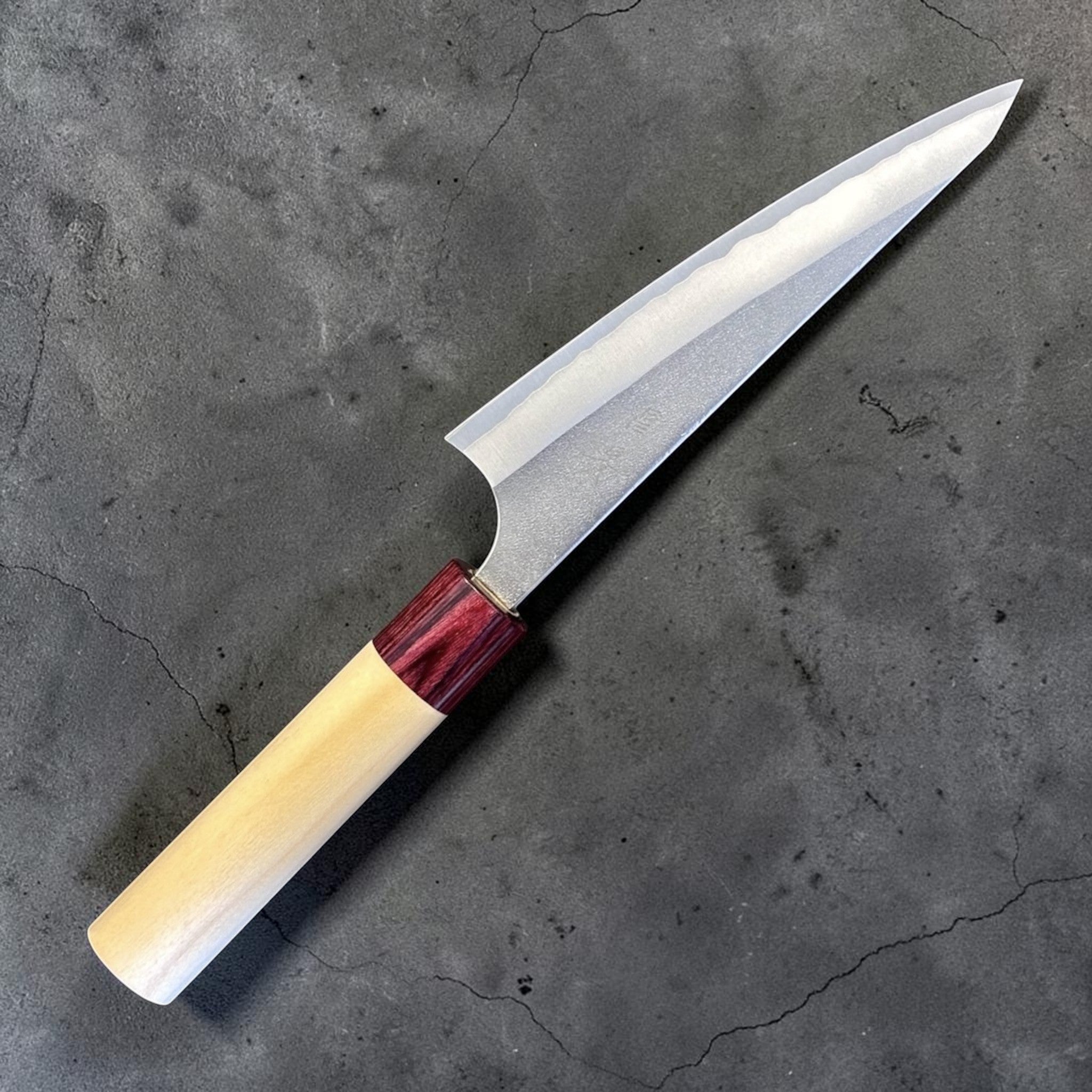 Masakage Yuki White #2 Honesuki 150 mm, Japanese poultry boning knife with hammered stainless cladding and pale wood wa handle.