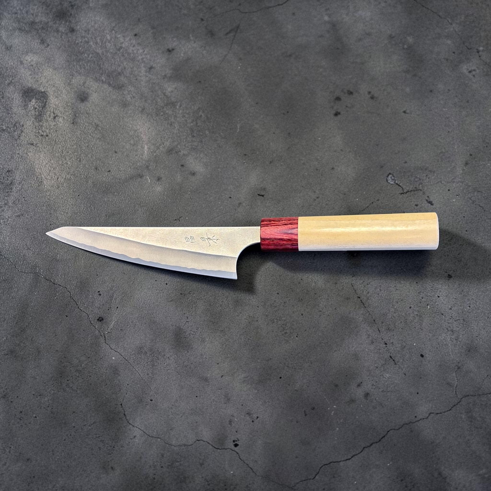 Masakage Yuki White #2 Honesuki 150 mm, Japanese poultry boning knife with hammered stainless cladding and pale wood wa handle.