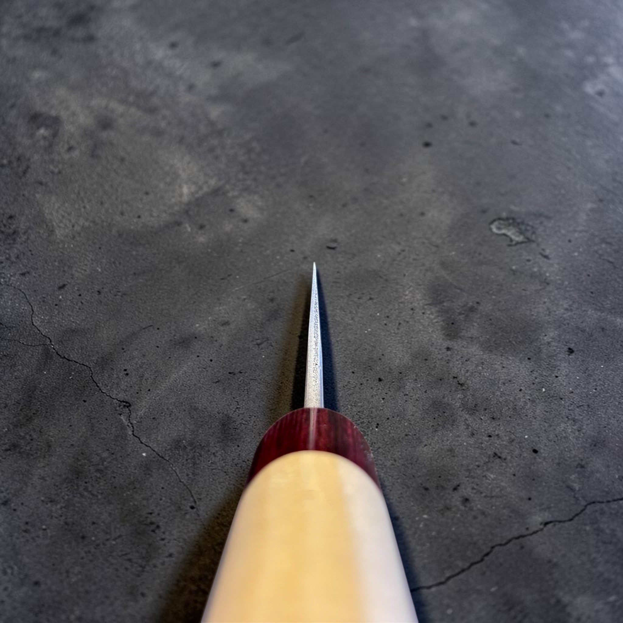 Masakage Yuki White #2 Honesuki 150 mm, Japanese poultry boning knife with hammered stainless cladding and pale wood wa handle.