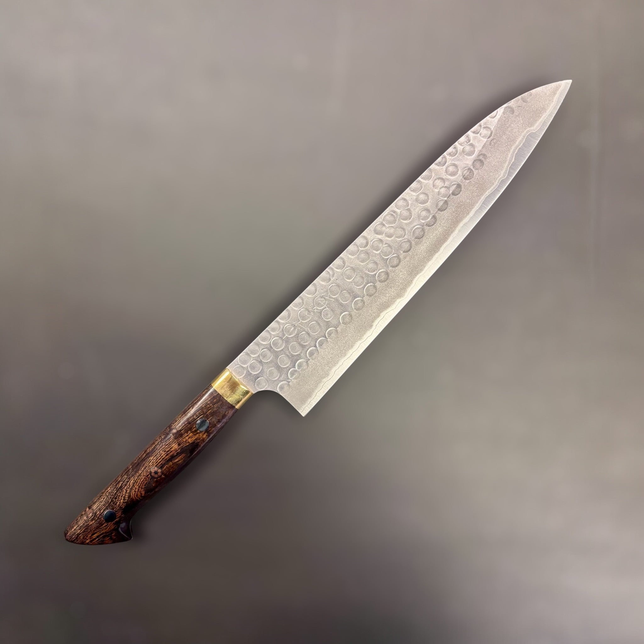 Masakage Zero Stainless Clad Aogami Super Tsuchime Gyuto 240mm, close-up of tsuchime hammered pattern and profile.