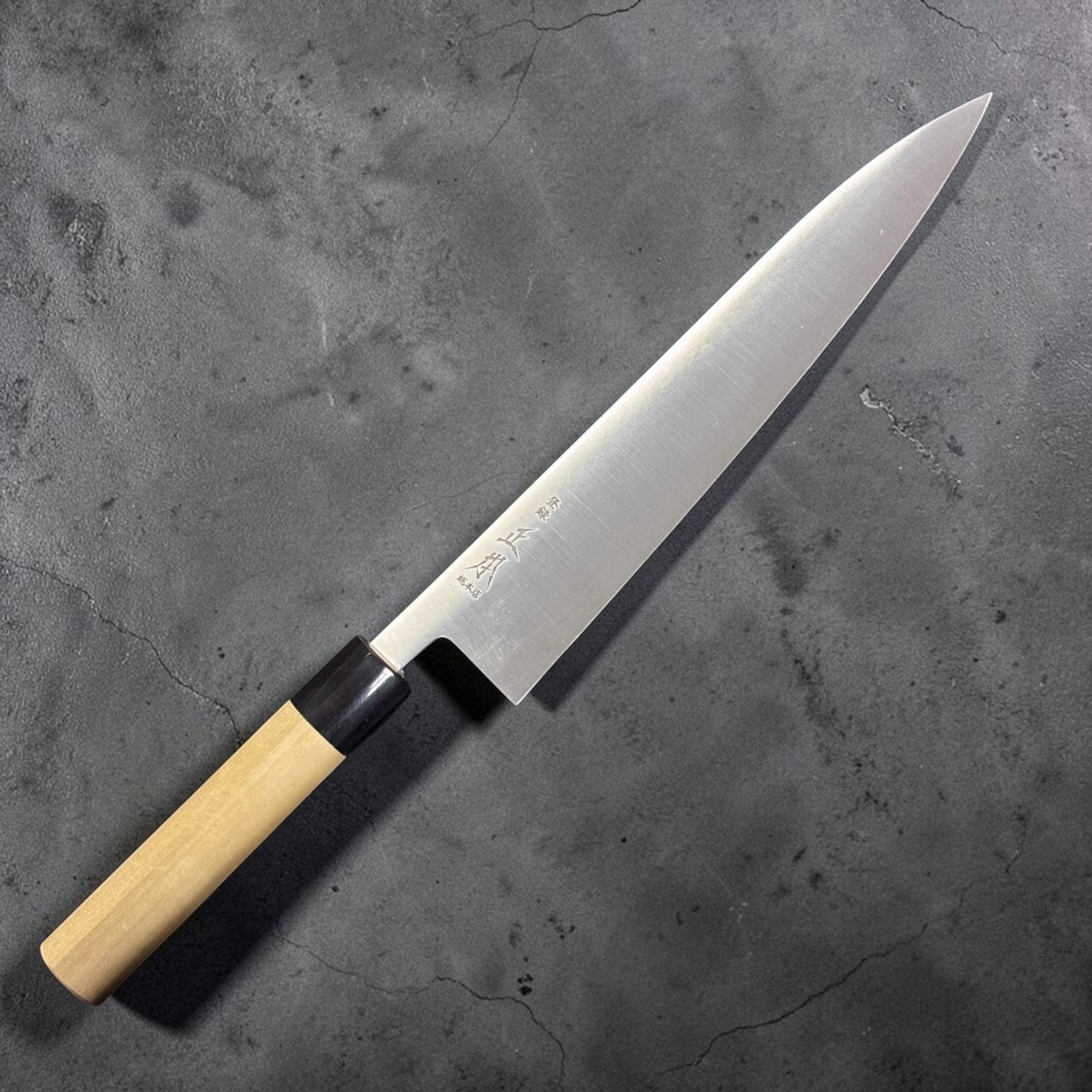 Masamoto SW Swedish Steel Gyuto 240 mm, right face with kanji and blonde wa handle.