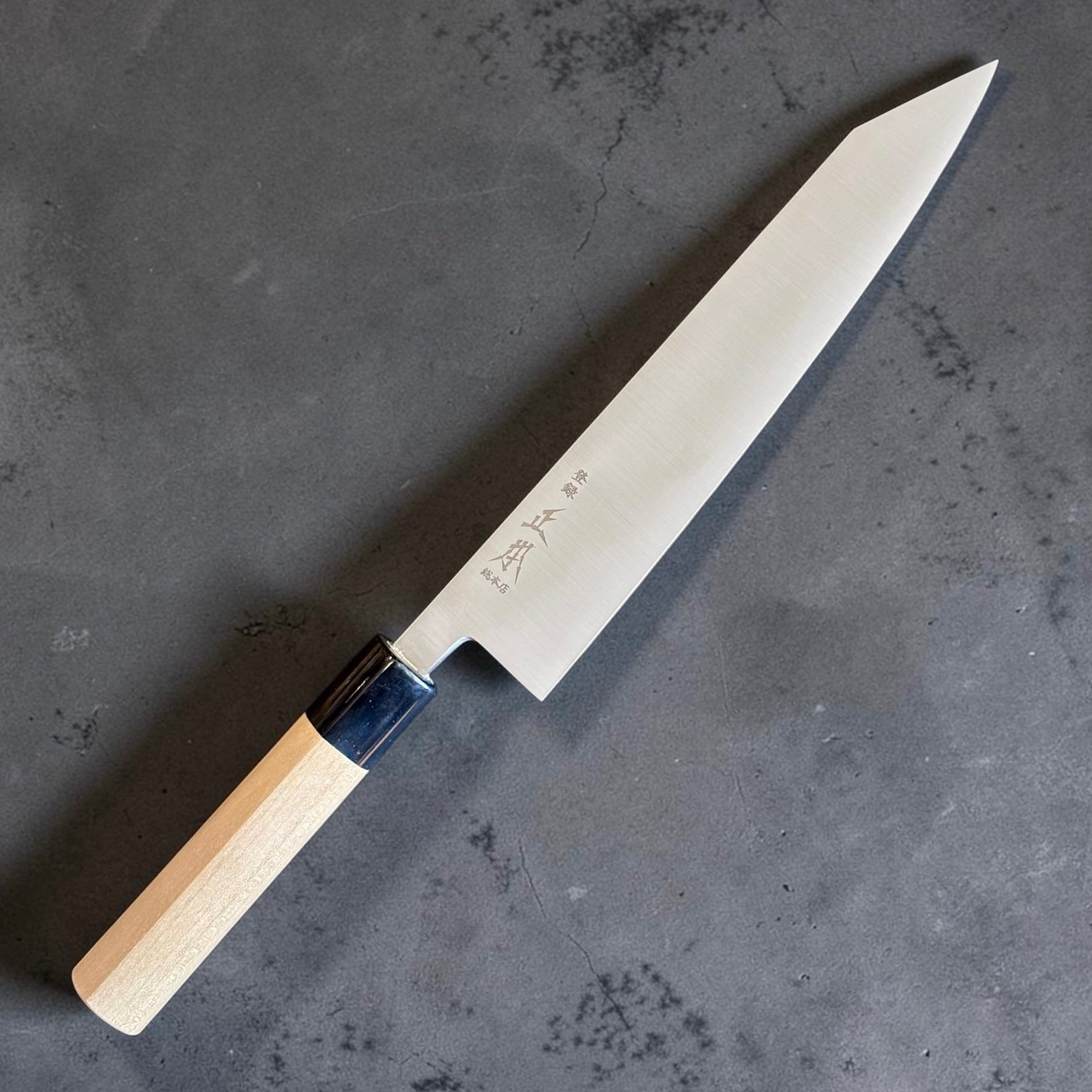Masamoto SW Swedish Steel Kiritsuke 210mm angled view with ho wood handle