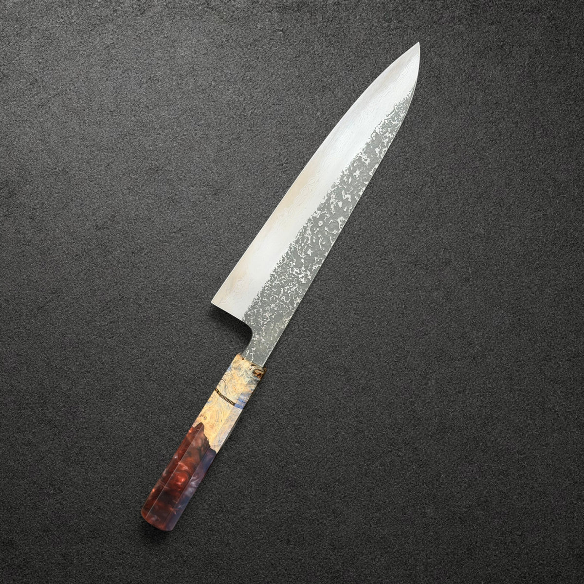 Masuda Blue 1 Kurozome Damascus Gyuto 210mm with Prisma handle, angled reverse-side view