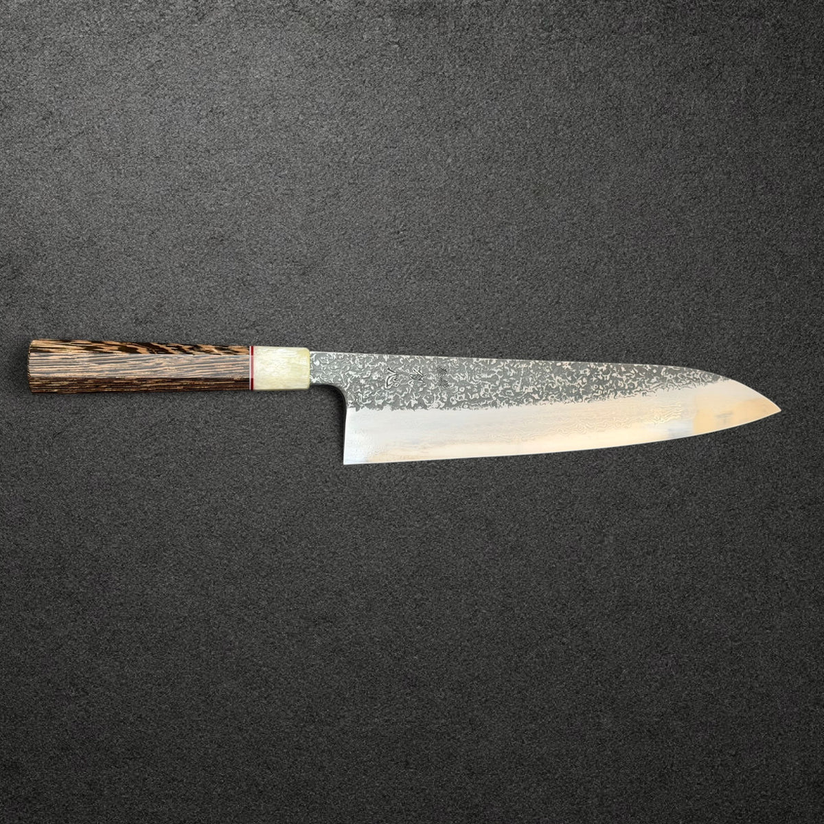 Masuda 240mm Kurozome Damascus gyuto side profile with wenge handle, pale faux ferrule, and red spacer