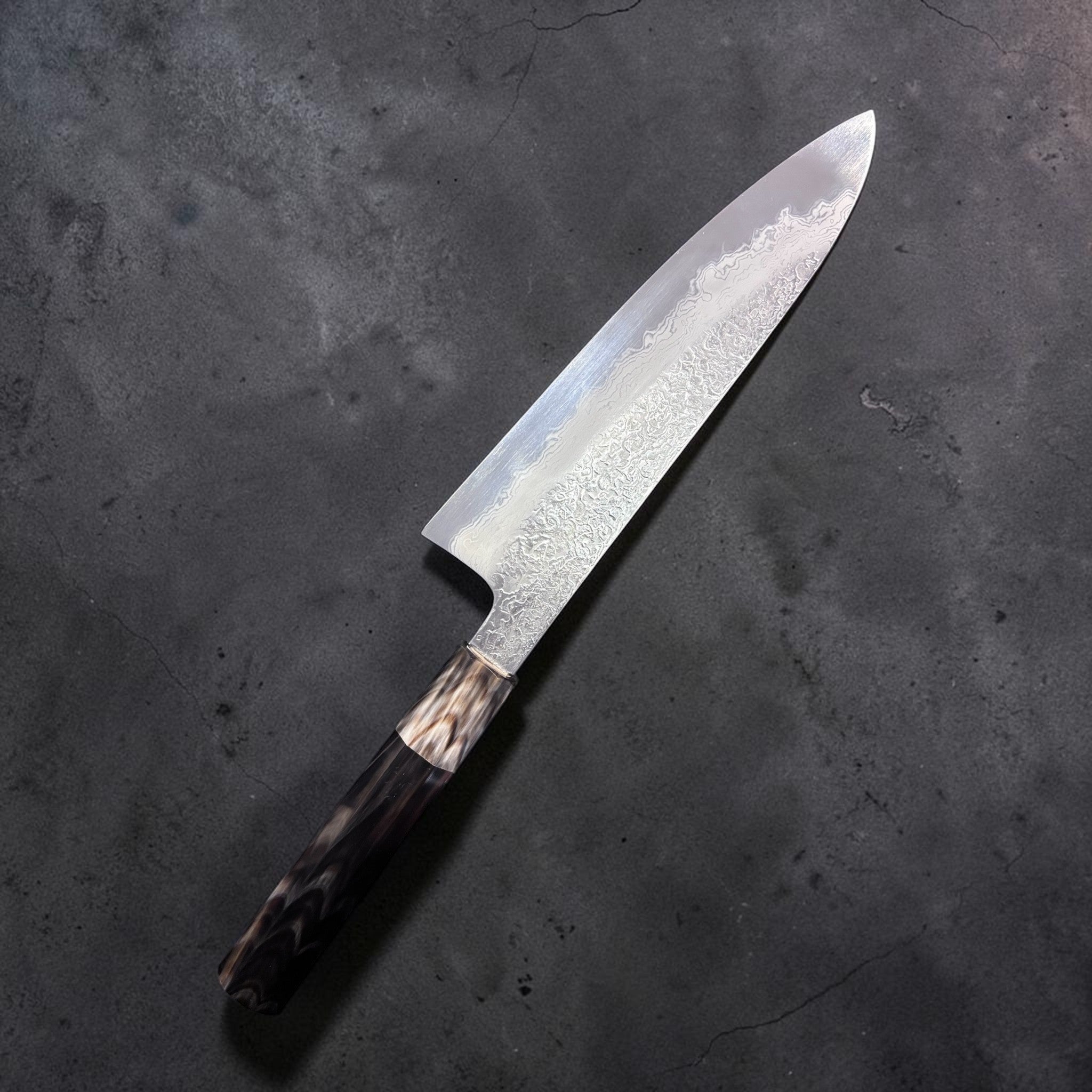 Masuda Yoshihide Blue #1 Damascus Gyuto 190 mm, reverse face and solid buffalo horn handle in full view.