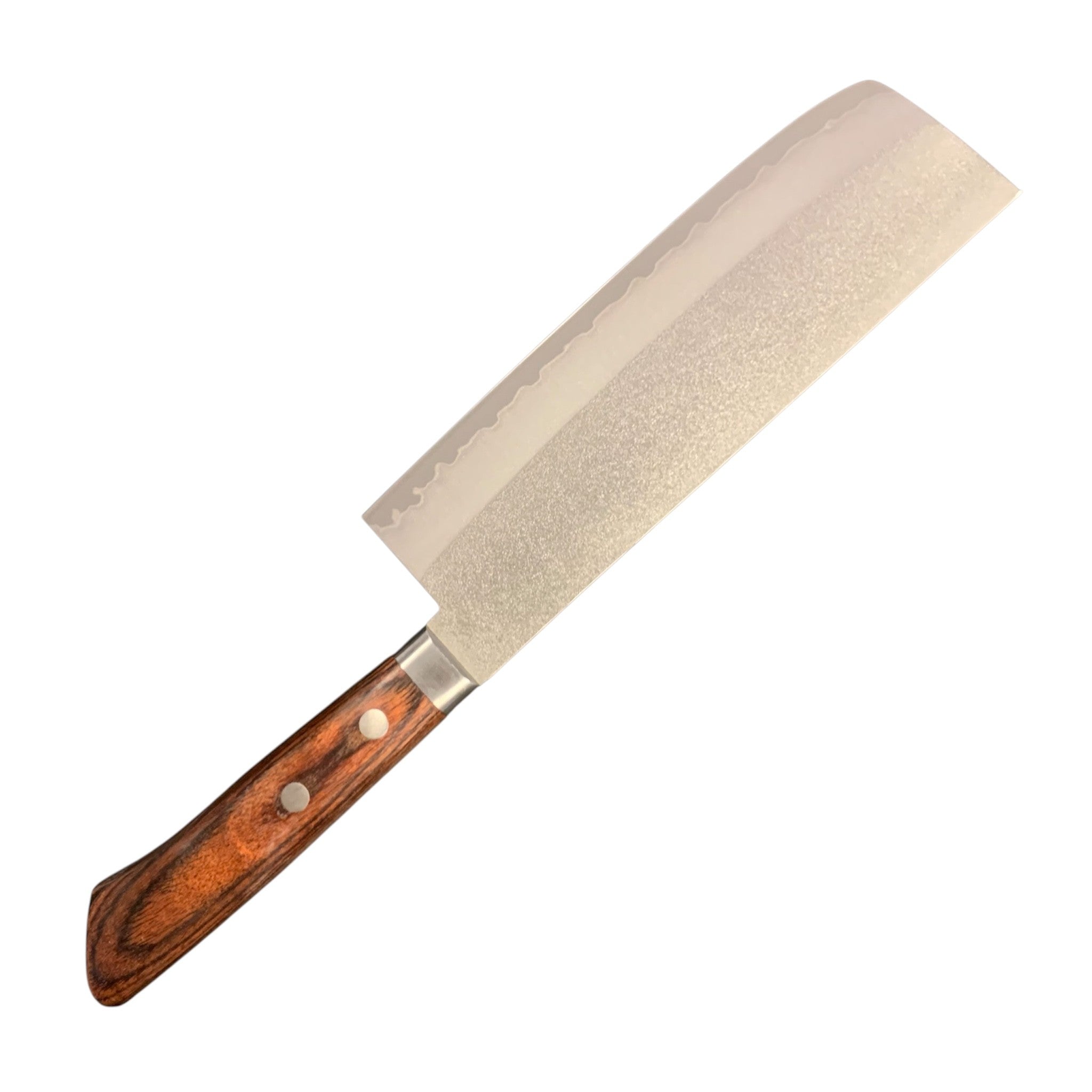Masutani VG-1 Nashiji Nakiri 165 mm with brown Western handle, left-side blade profile on white background.