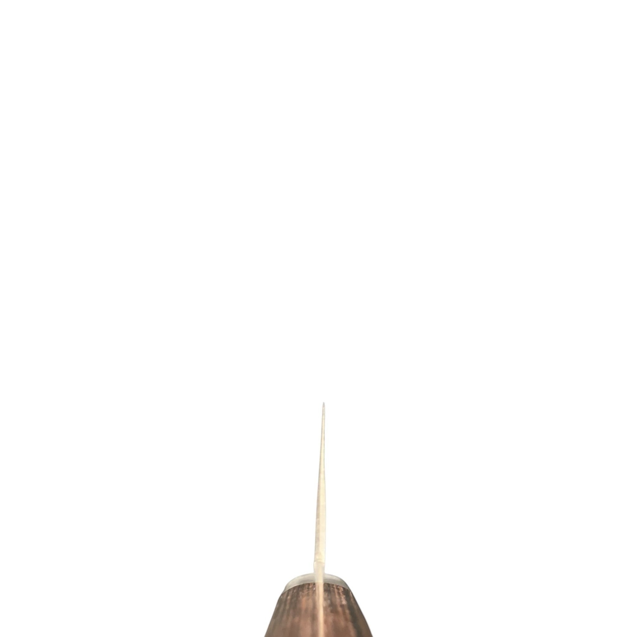 Masutani VG-1 Nashiji Nakiri 165 mm with brown Western handle, spine view showing thin blade taper on white background.