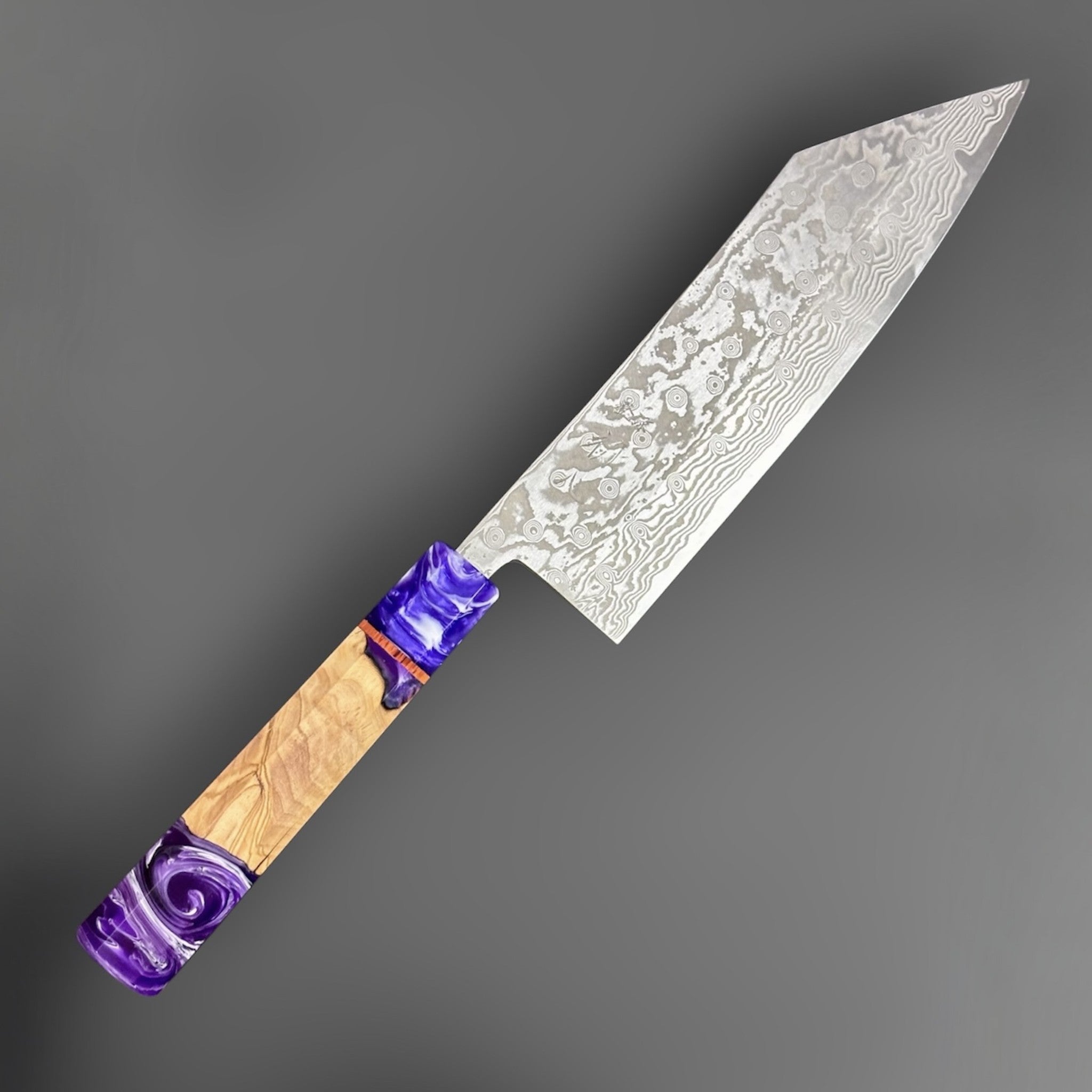 Miyazaki Kajiya ATS-34 Damascus Tsubaki 220 mm with Prisma knife handle, diagonal product view highlighting the Tsubaki profile, Damascus finish, and custom handle.