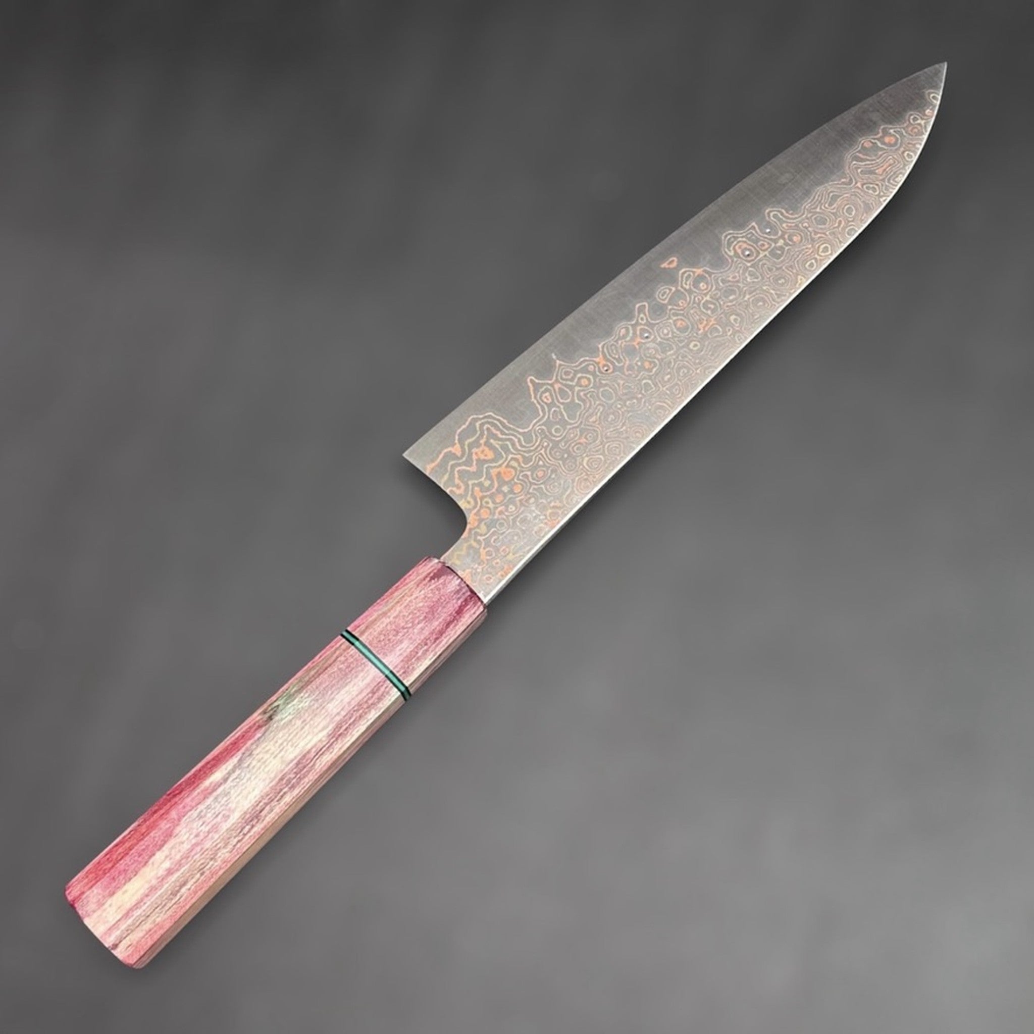 Nigara Anmon Blue #2 Gyuto 210 mm with rainbow prisma handle, sharpened by Naohito Myojin left side.