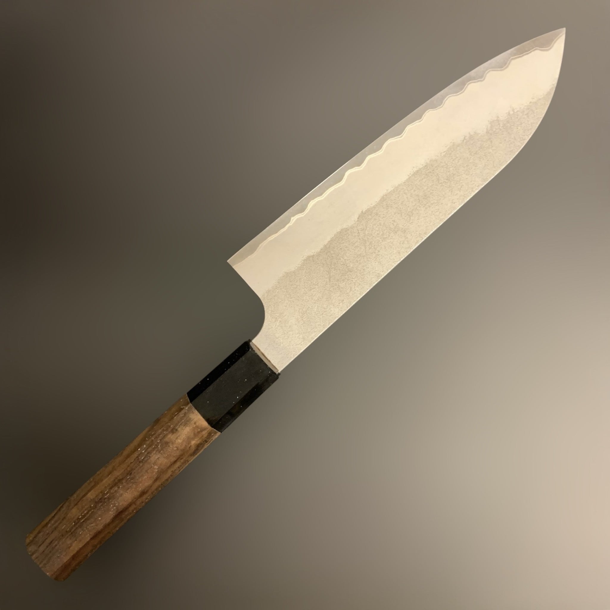 Nigara Aogami Super Tsuchime Migaki Santoku 165mm, detailed product photo left side of blade.