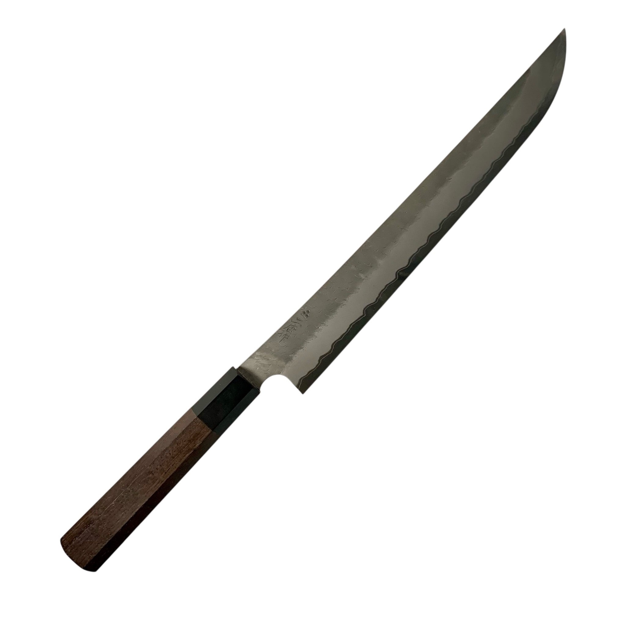 Nigara AS Tsuchime Sakimaru Sujihiki 300 mm — right-side profile showing hammered cladding line and glossy finish.