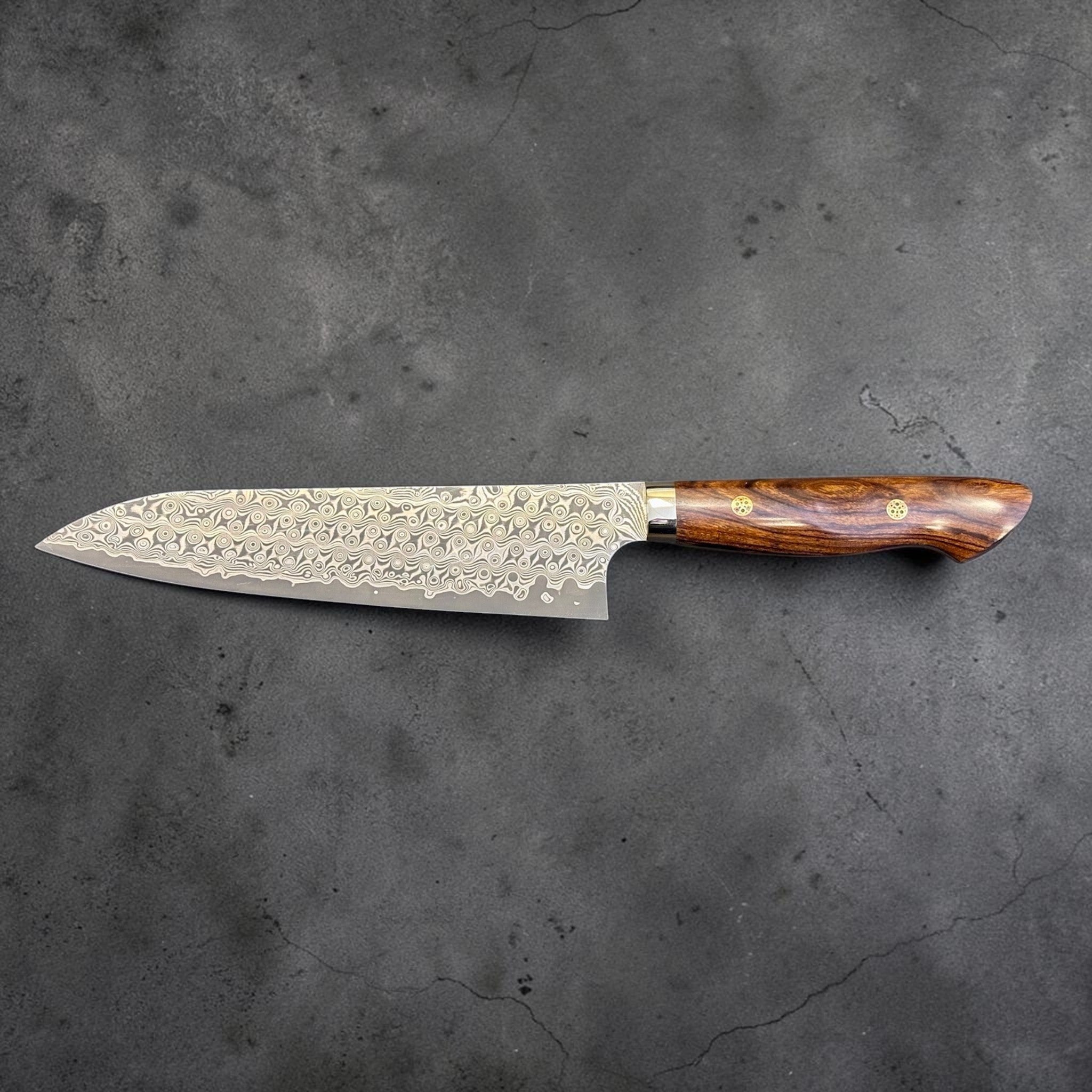 Nigara Hamono Anmon SG2 210 mm Gyuto with ironwood western handle, reverse side profile with ironwood western handle.