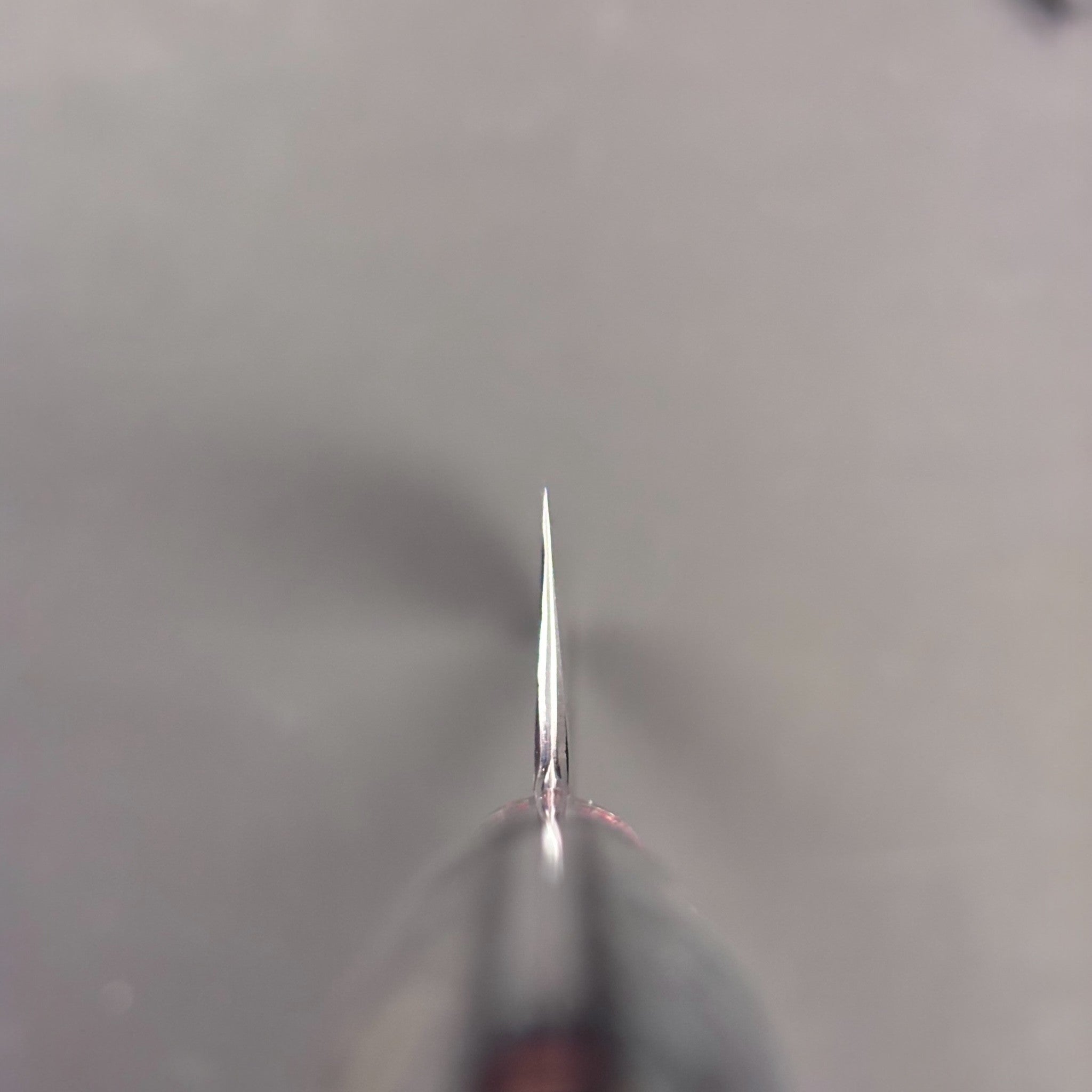 Nigara Hamono SG2 Kurouchi Tsuchime Sujihiki 300 mm with abalone western handle, choil shot.