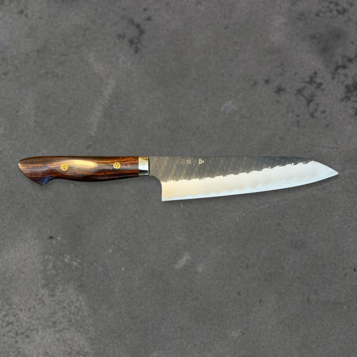 Nigara SG2 Kurouchi Tsuchime 210mm gyuto with ironwood handle, shown in horizontal front profile with the full blade and handle visible.