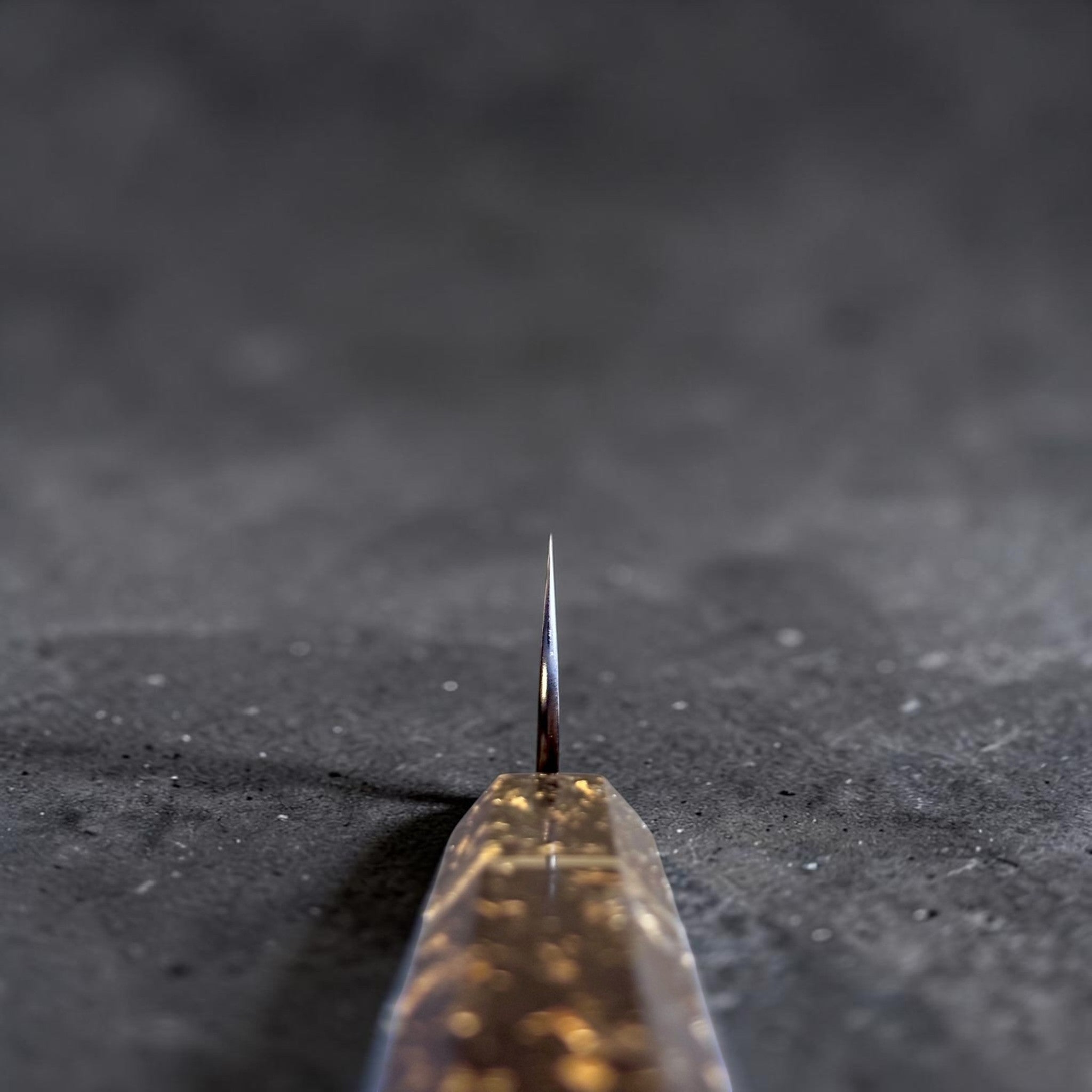 Nigara SG2 Kurouchi Tsuchime Kiritsuke Sujihiki 255 mm, choil view showing thin grind and carbon-and-gold wa handle.