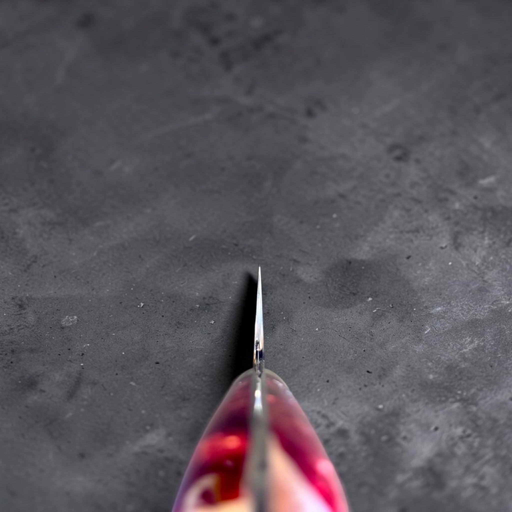 Nigara SG2 Kurouchi Tsuchime Sujihiki 255 mm with hybrid western handle, choil view showing the thin blade geometry.