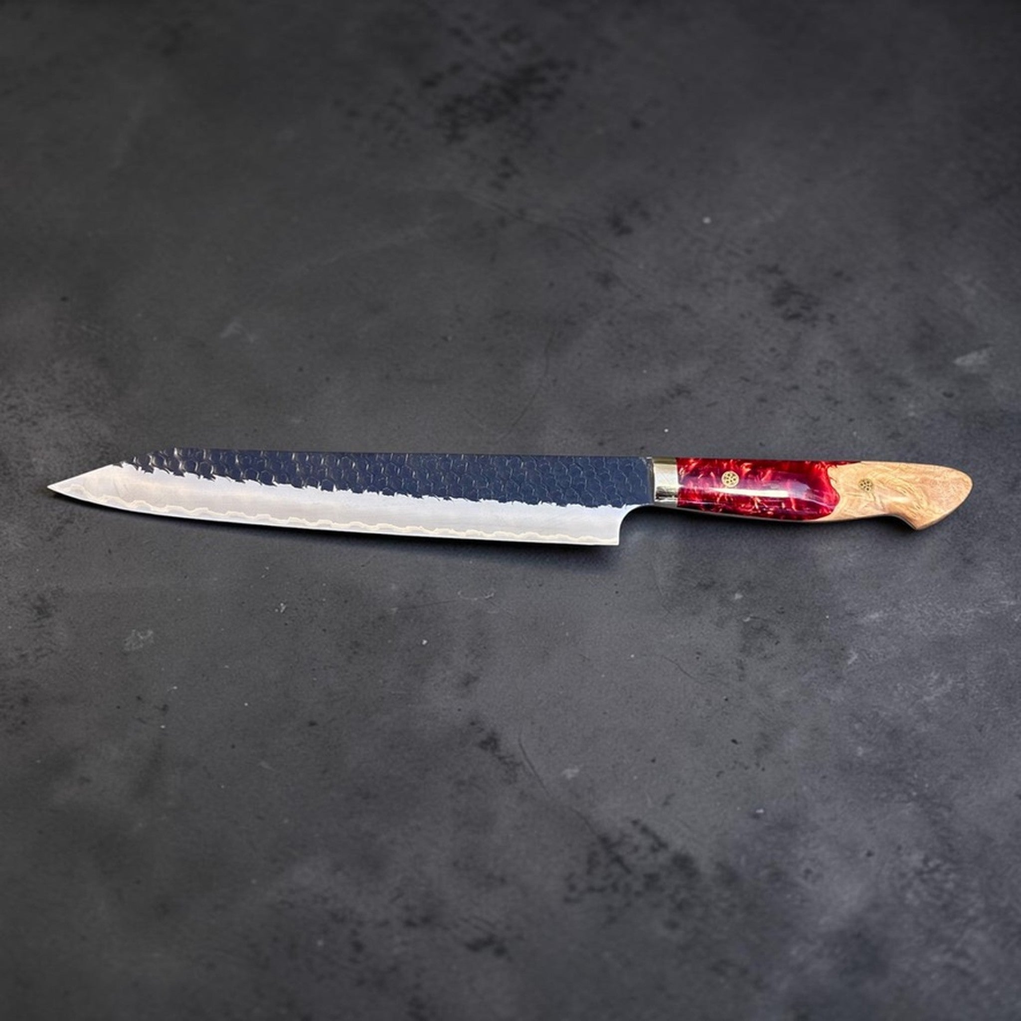 Nigara SG2 Kurouchi Tsuchime Sujihiki 255 mm with hybrid western handle, full profile view of the slicing knife.