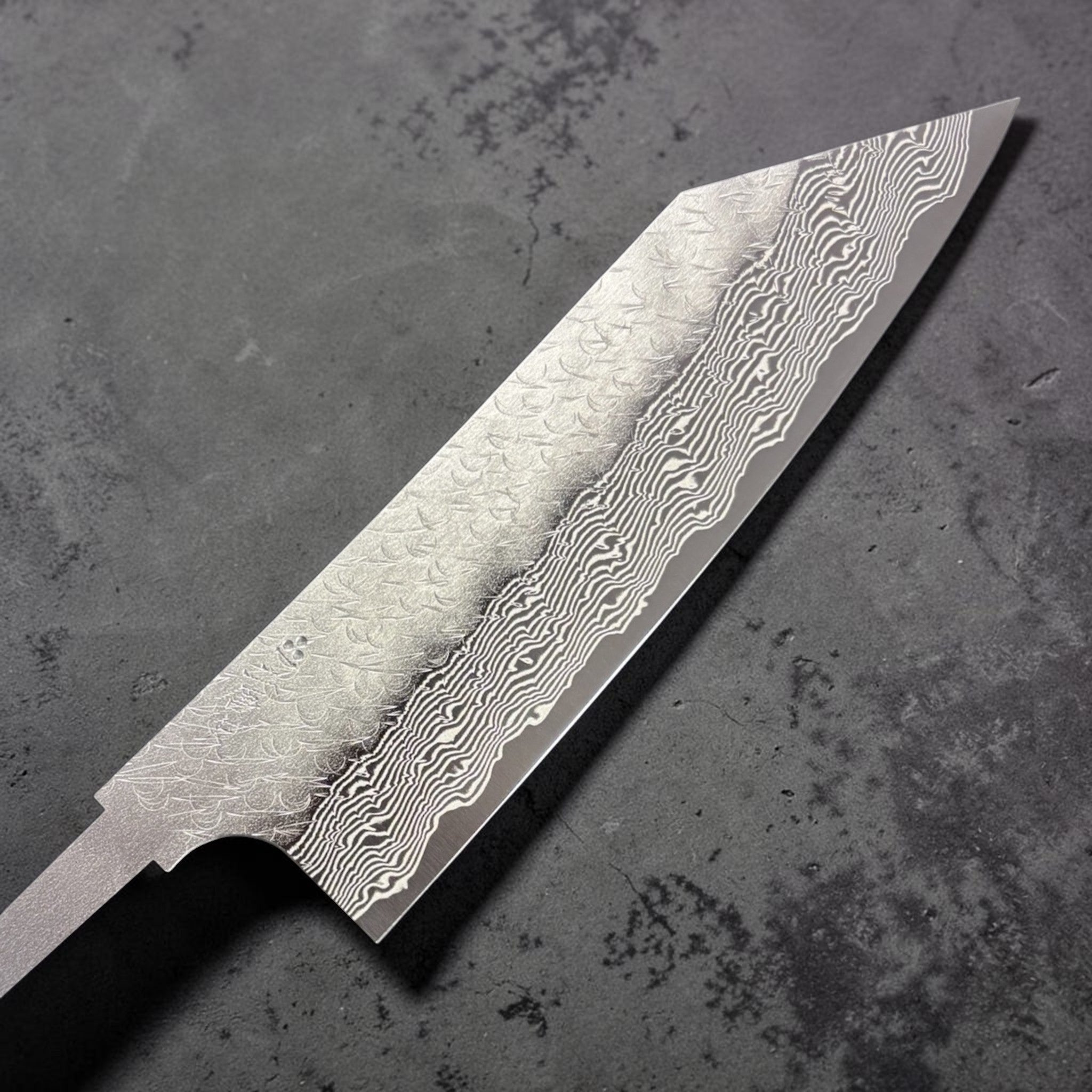Nigara Strix Damascus Bunka 180 mm blade with exposed tang, full side profile highlighting the dramatic kiritsuke-style tip and etched pattern.