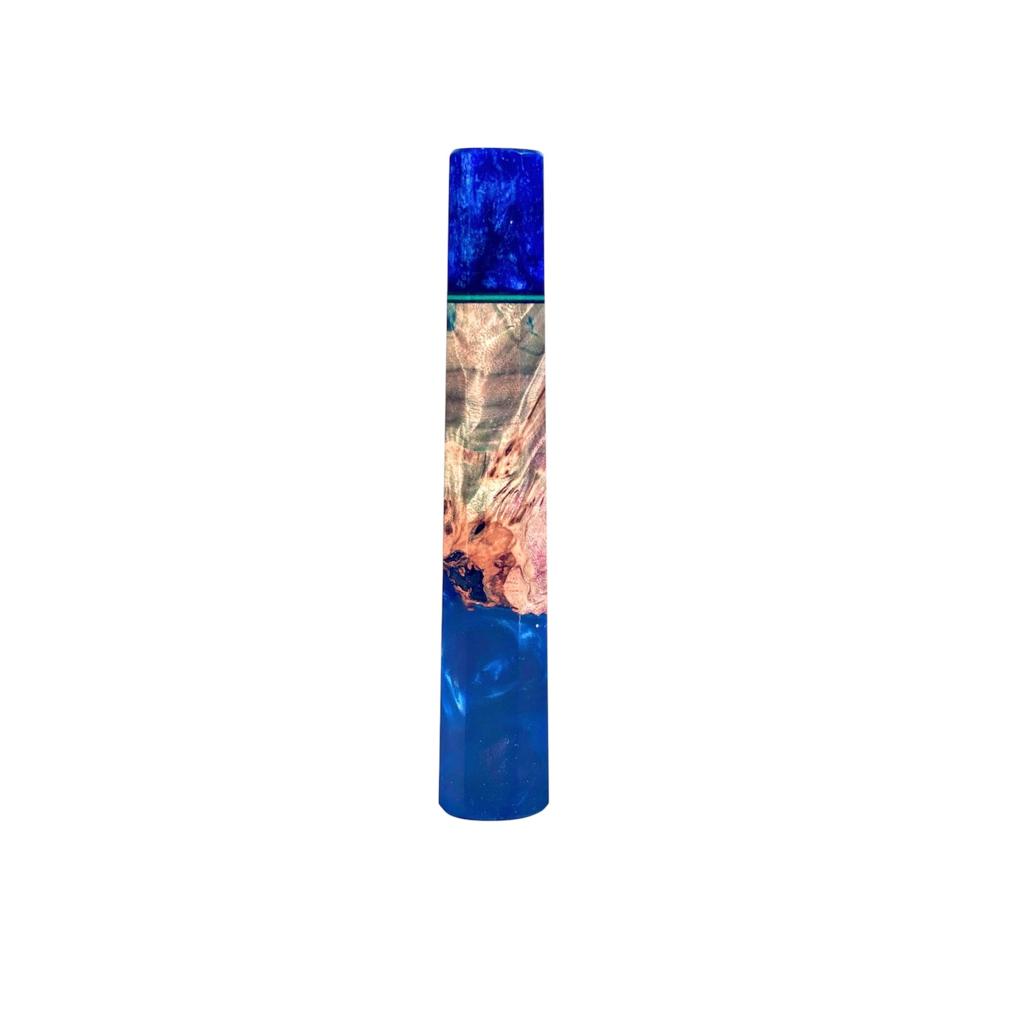 Prisma Knife “Cobalt Forest” custom wa handle—cobalt‑blue pearlescent resin fused with figured burl wood, front view, isolated on white.