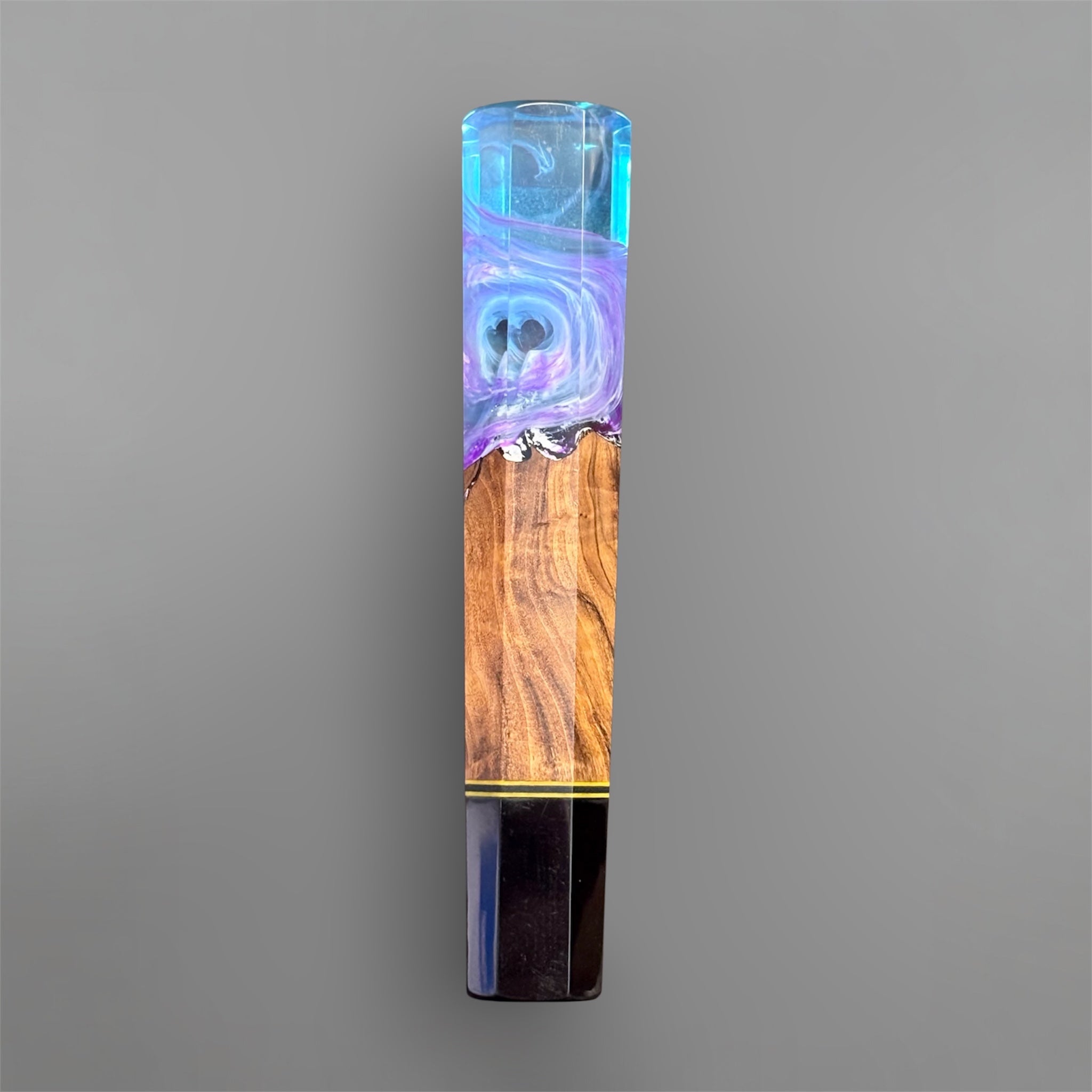 Prisma Knife Handle 3, blue and purple resin landscape wa handle with wood body and black end cap.
