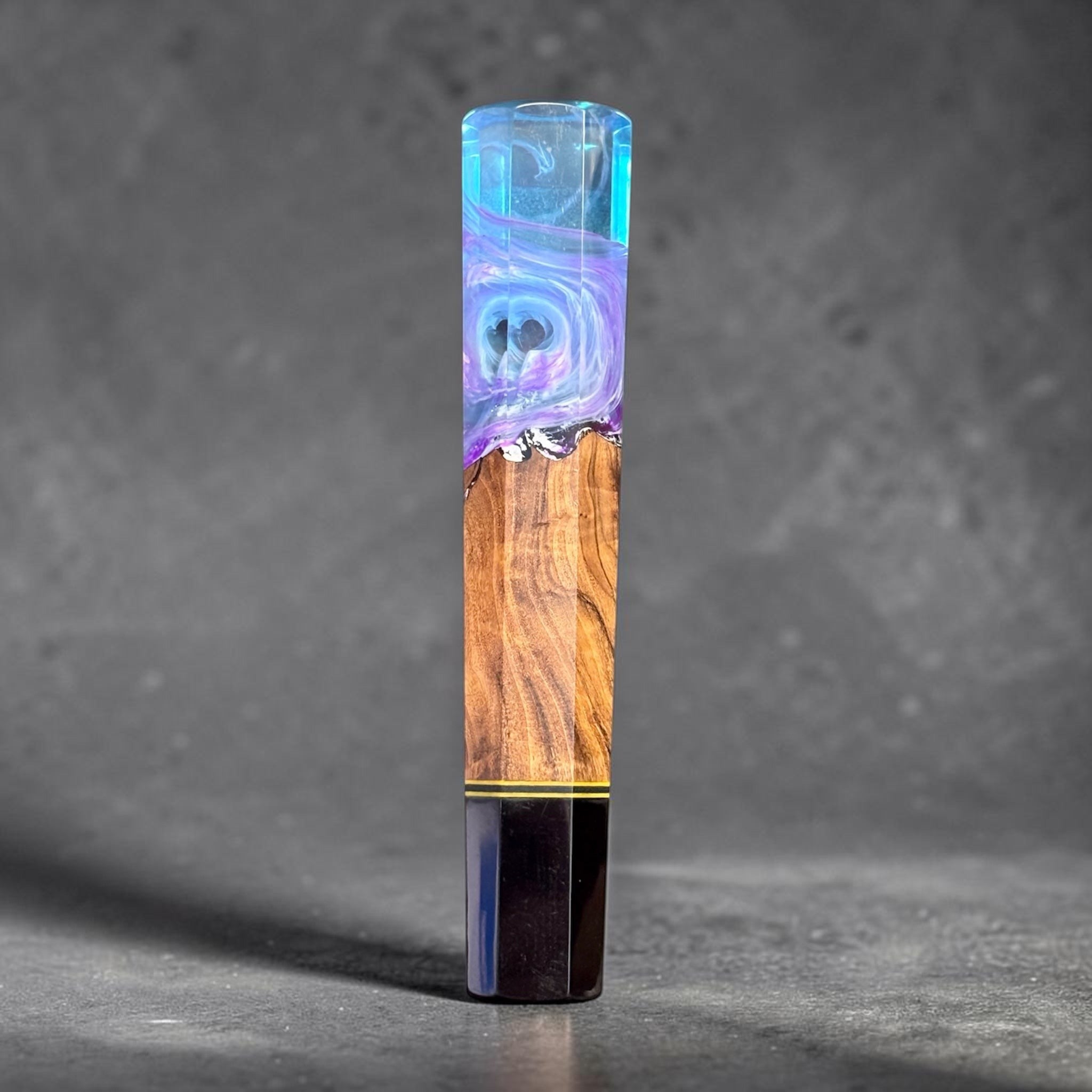 Prisma Knife Handle 3, blue and purple resin landscape wa handle with wood body and black end cap.