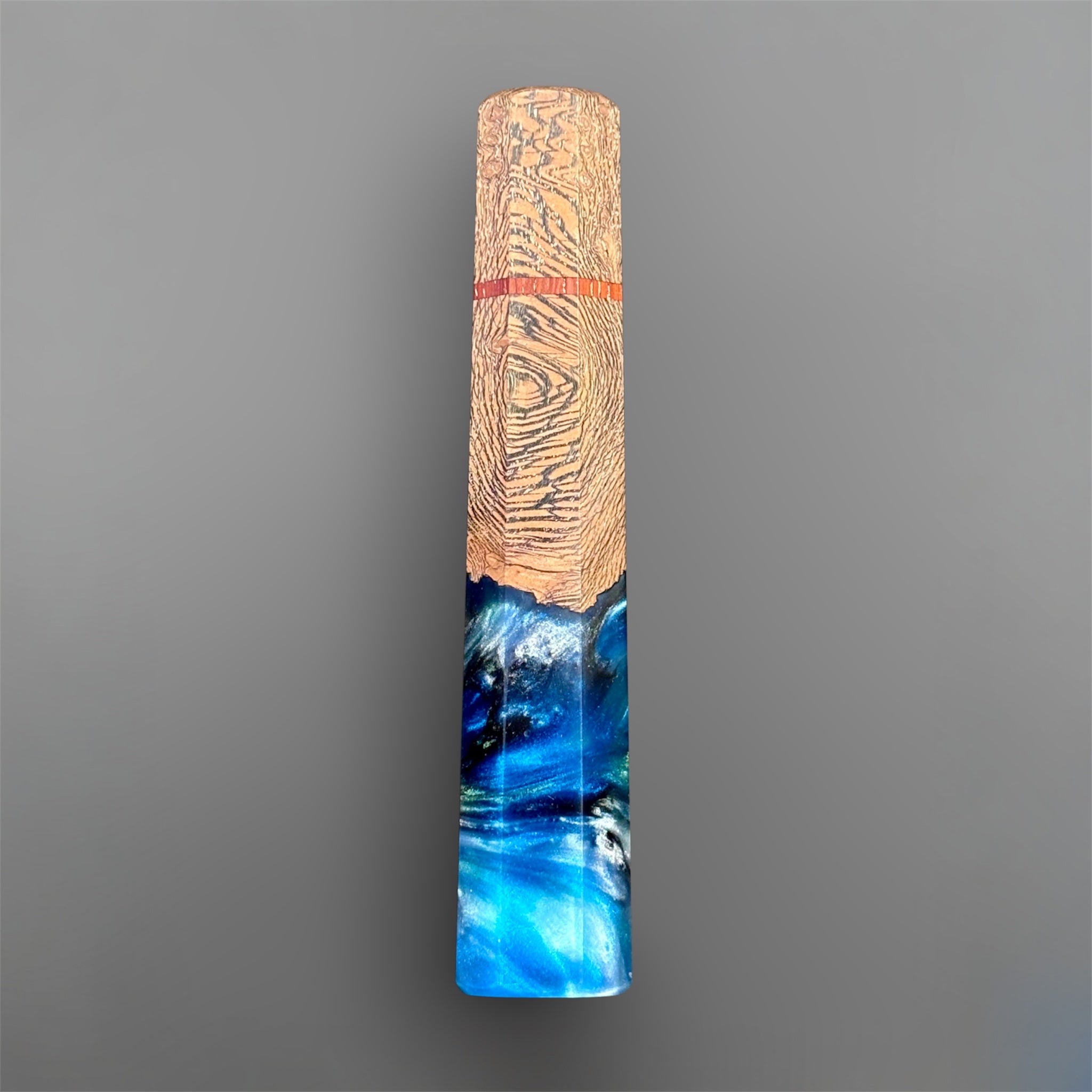 Prisma Knife Handle 4, blue resin and textured wood wa handle with red accent spacer.