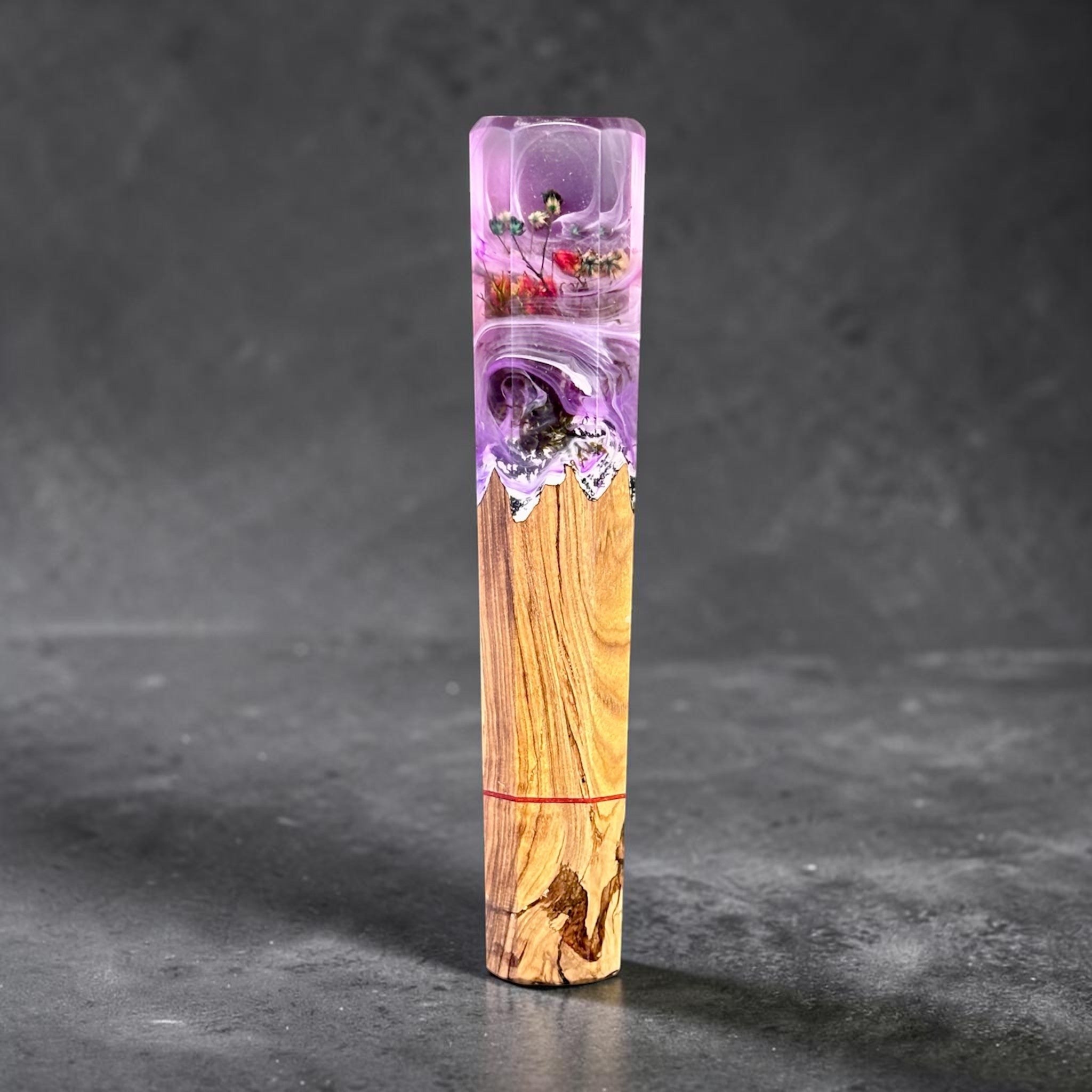 Prisma Knife Handle 5, purple resin floral landscape wa handle with wood body and red accent spacer.