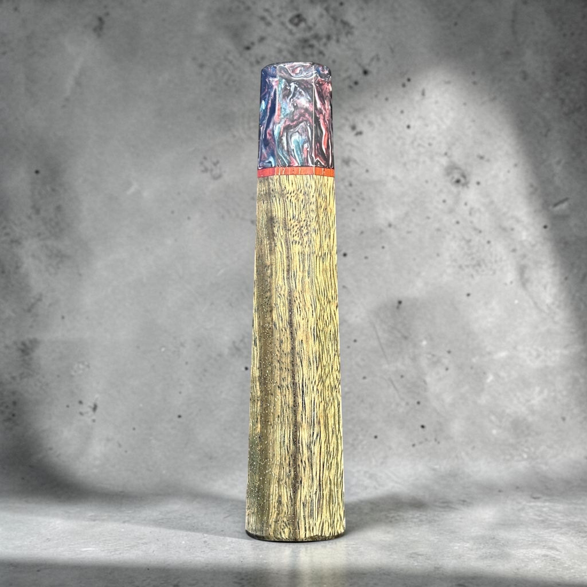 Prisma Knife Handle 7, light green figured wood wa handle with dark resin top and red accent spacer.