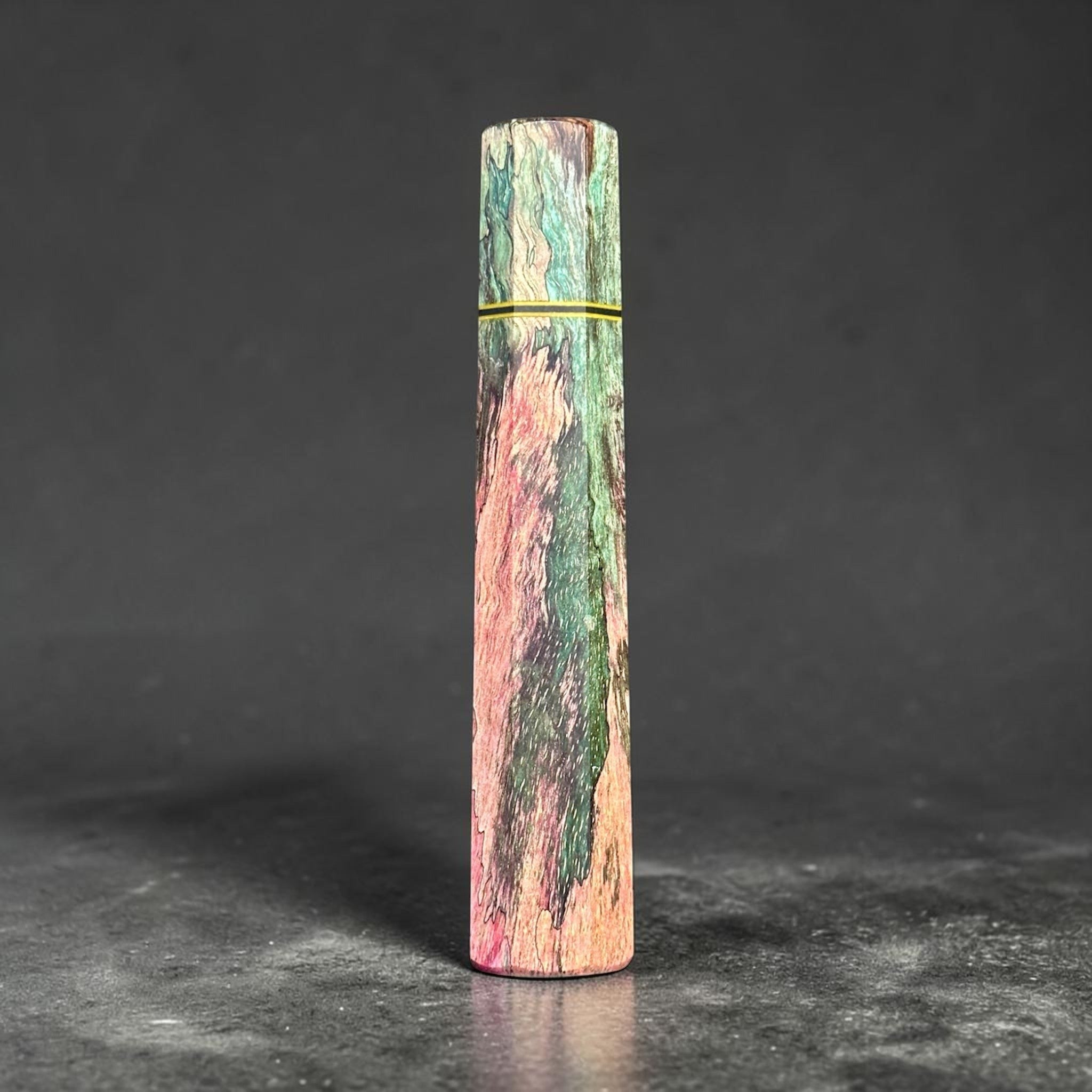 Prisma Knife Handle 9, green and pink figured wood wa handle with black and yellow accent spacer.