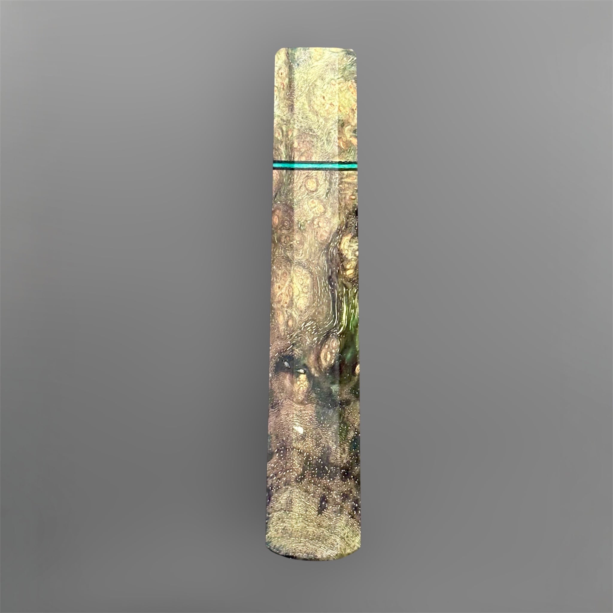Prisma Knife Handle 10, green burl-style wood wa handle with teal and black accent spacer.