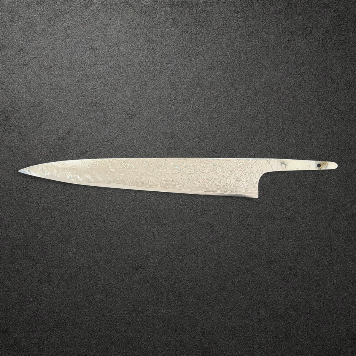 Takeshi Saji R2 Diamond Damascus Sujihiki 240mm, reverse side profile of the blade without a handle
